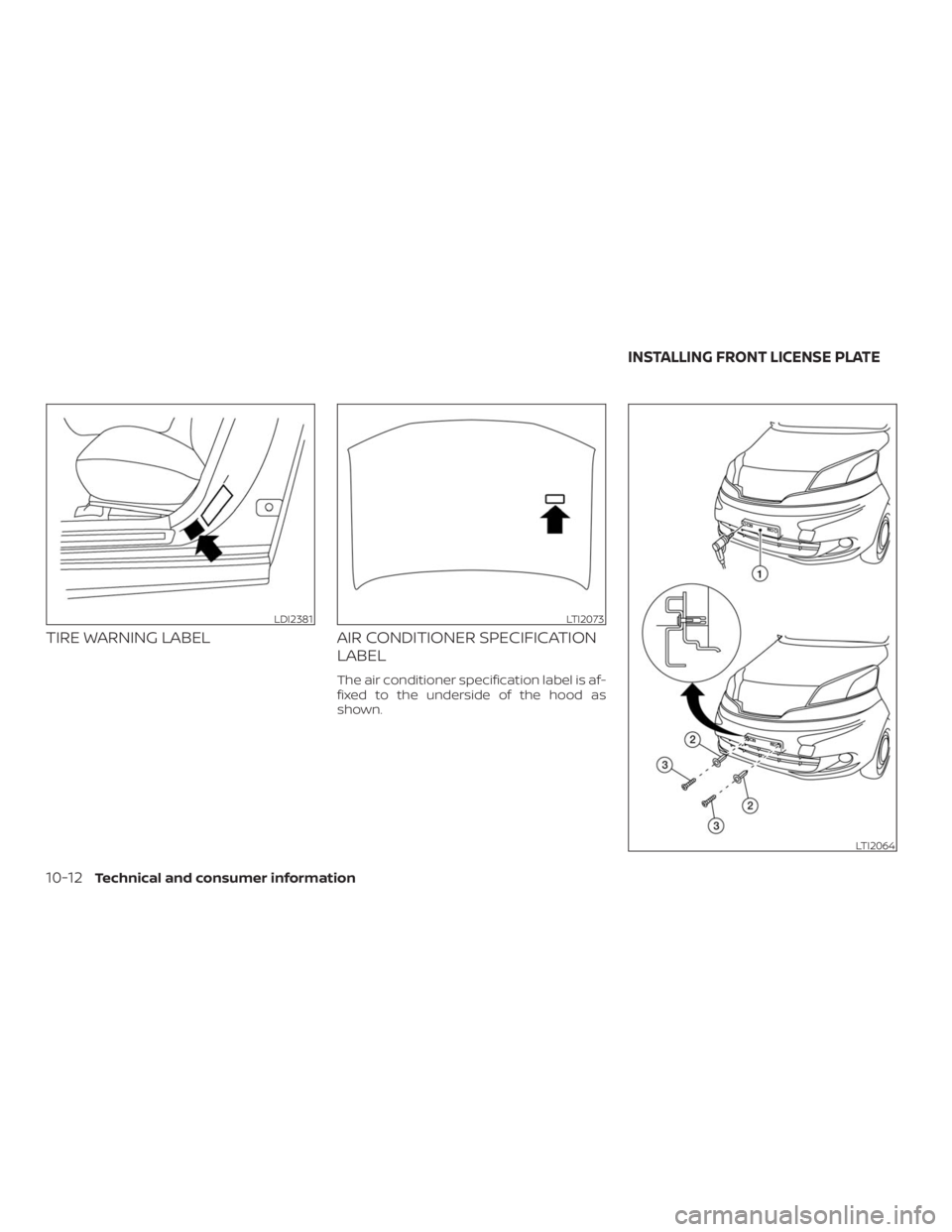 NISSAN NV200 2019  Owners Manual LDI2381LTI2073
LTI2064
INSTALLING FRONT LICENSE PLATE 