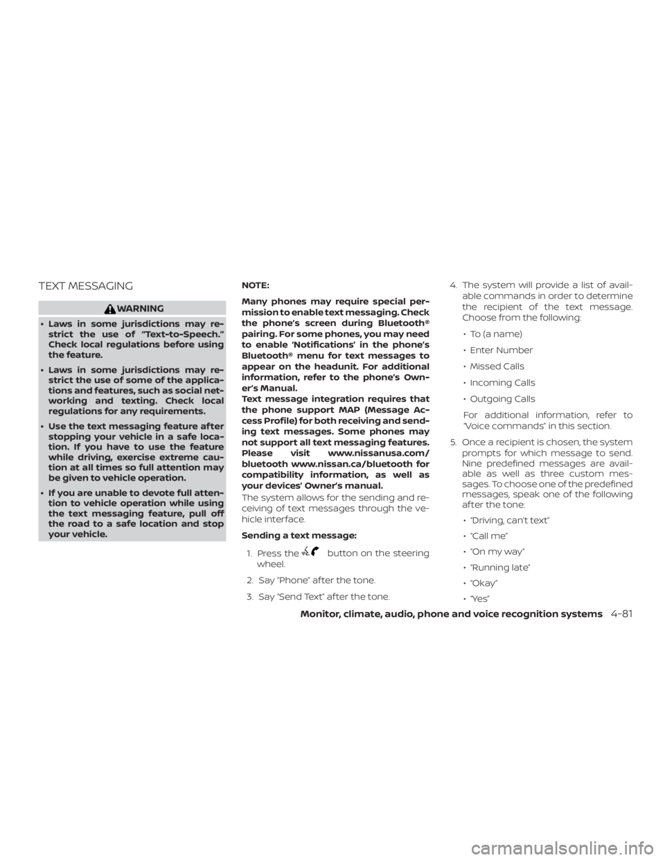 NISSAN NV200 2018  Owners Manual TEXT MESSAGING 