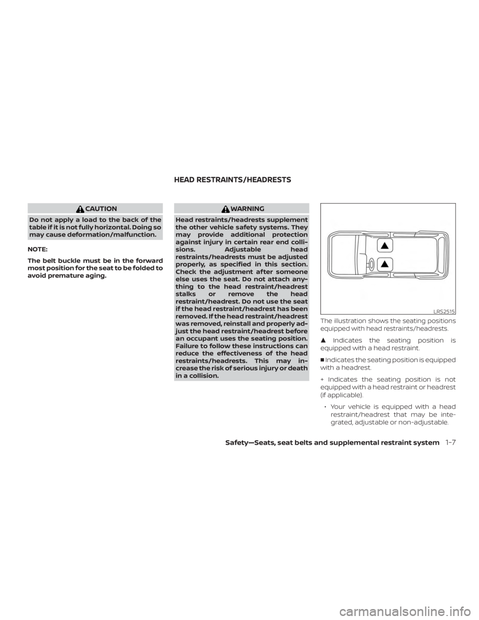 NISSAN NV200 2018  Owners Manual CAUTION
Do not apply a load to the back of the
table if it is not fully horizontal. Doing so
may cause deformation/malfunction.
NOTE:
The belt buckle must be in the forward
most position for the seat 