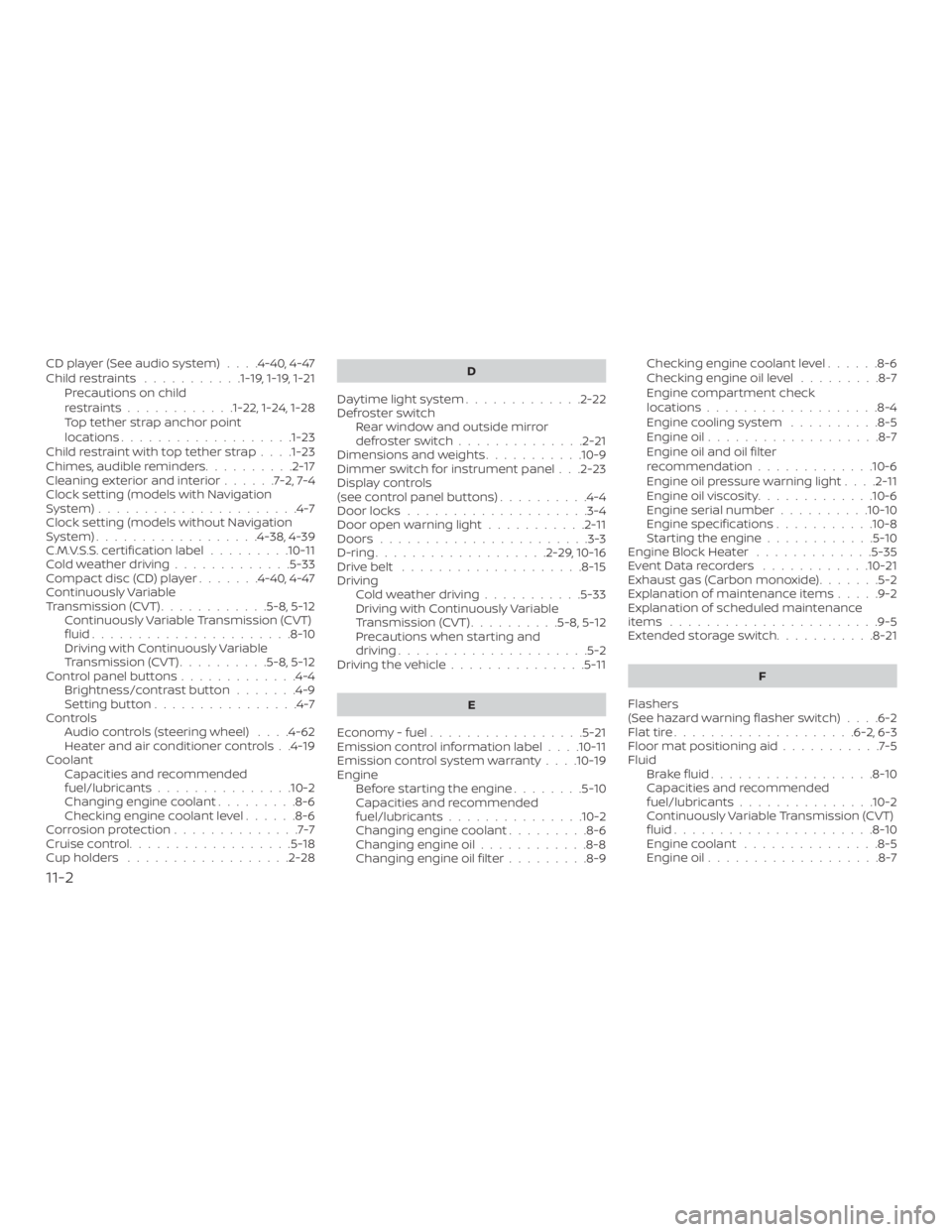 NISSAN NV200 2018  Owners Manual CD player (See audio system)....4-40,4-47
Childrestraints ...........1-19, 1-19, 1-21 Precautions on child
restraints............1-22, 1-24, 1-28
Top tether strap anchor point
locations...............