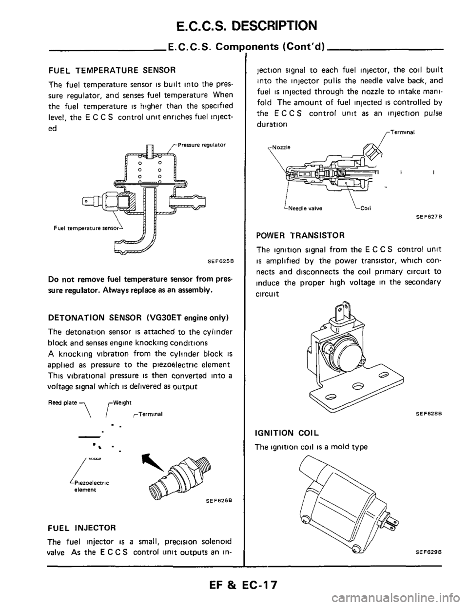 NISSAN 300ZX 1984 Z31 Engine Fuel And Emission Control System Workshop Manual E. C. C. S. DESCRIPTION 
E.C.C.S. Corn 
FUEL TEMPERATURE  SENSOR 
The fuel temperature  sensor is built  into the pres- 
sure  regulator,  and senses  fuel temperature  When 
the  fuel  temperature 
I
