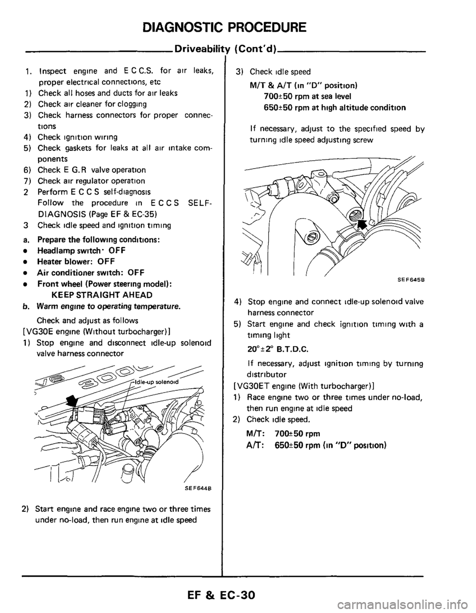 NISSAN 300ZX 1984 Z31 Engine Fuel And Emission Control System Workshop Manual DIAGNOSTIC PROCEDURE 
Driveabil 
1. Inspect engine and E C C.S. for air leaks, 
proper  electrical  connections, etc 
1) Check all hoses and ducts  for air leaks 
2) Check  air cleaner  for clogging 

