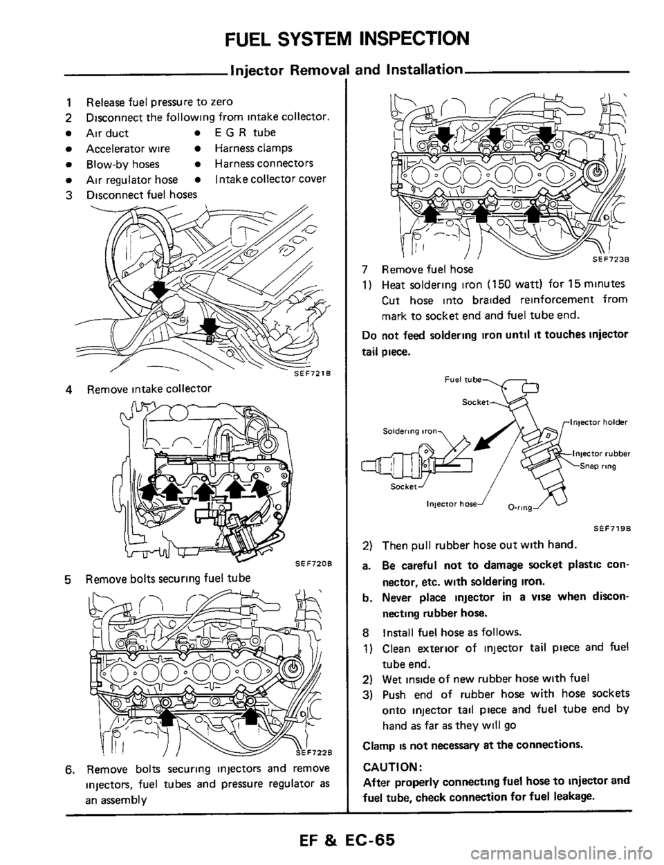 NISSAN 300ZX 1984 Z31 Engine Fuel And Emission Control System Workshop Manual FUEL SYSTEM INSPECTION 
Injector Removi 
1 
2 
Air duct E G R tube 
Accelerator  wire Harness clamps 
Blow-by hoses Harness connectors 
Air regulator  hose Intakecollector  cover 
3 Disconnect fuel ho