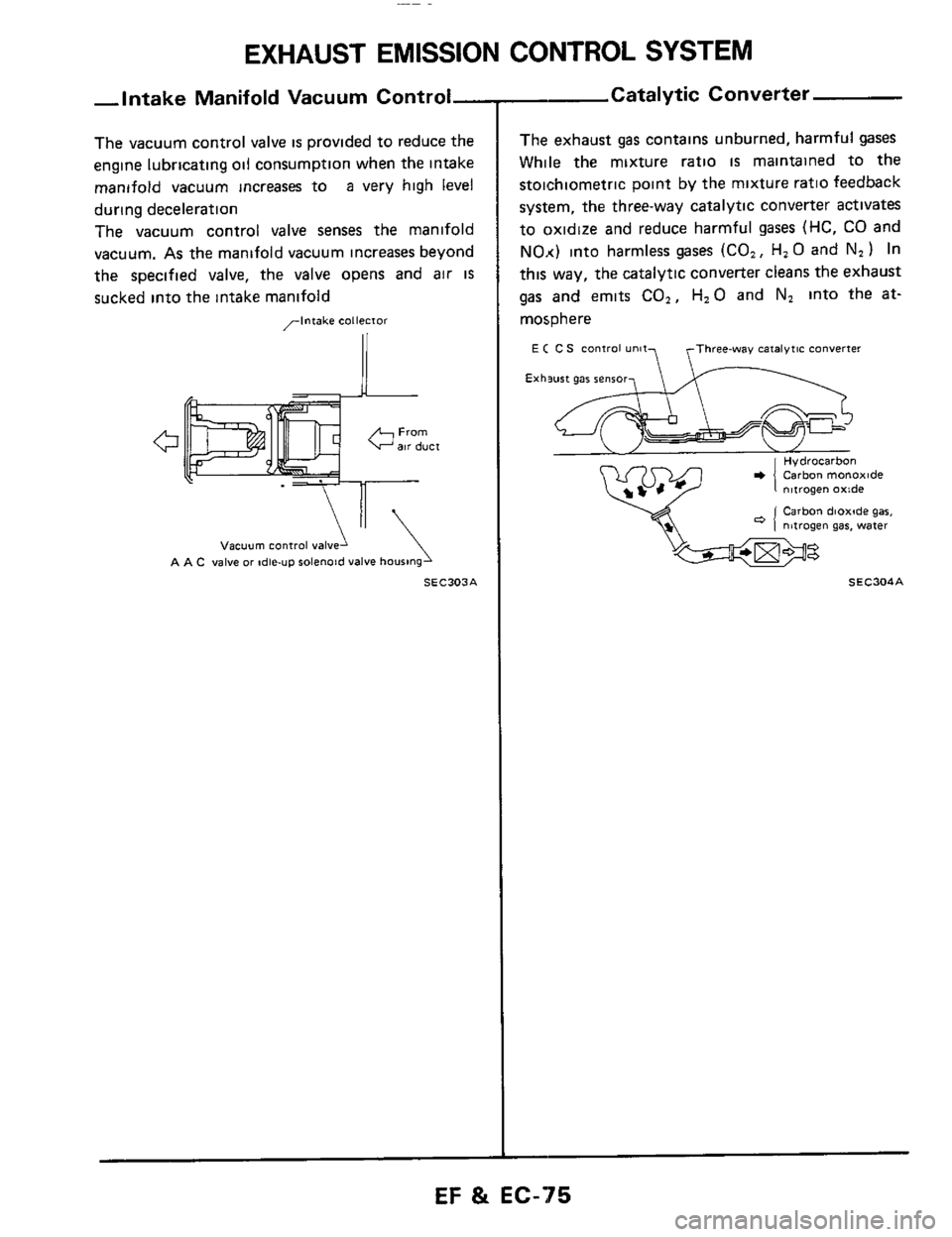 NISSAN 300ZX 1984 Z31 Engine Fuel And Emission Control System Workshop Manual EXHAUST  EMISSION  CONTROL SYSTEM 
-Intake Manifold Vacuum Control- 
The vacuum  control valve is provided  to reduce  the 
engine  lubricating  oil consumption  when the intake 
manifold  vacuum incr