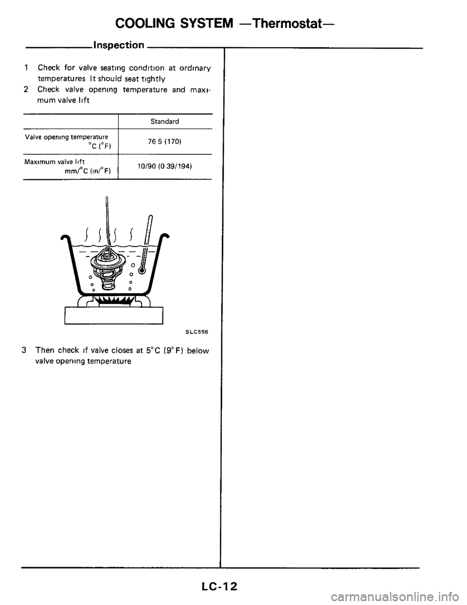 NISSAN 300ZX 1984 Z31 Engine Lubrication And Cooling System Workshop Manual COOLING SYSTEM -Thermostat- 
inspection 
1 Check for valve  seating  condition at ordinary 
temperatures 
It should seat  tightly 
2 Check  valve  opening temperature and rnaxl- 
mum valve lift 
I Sta