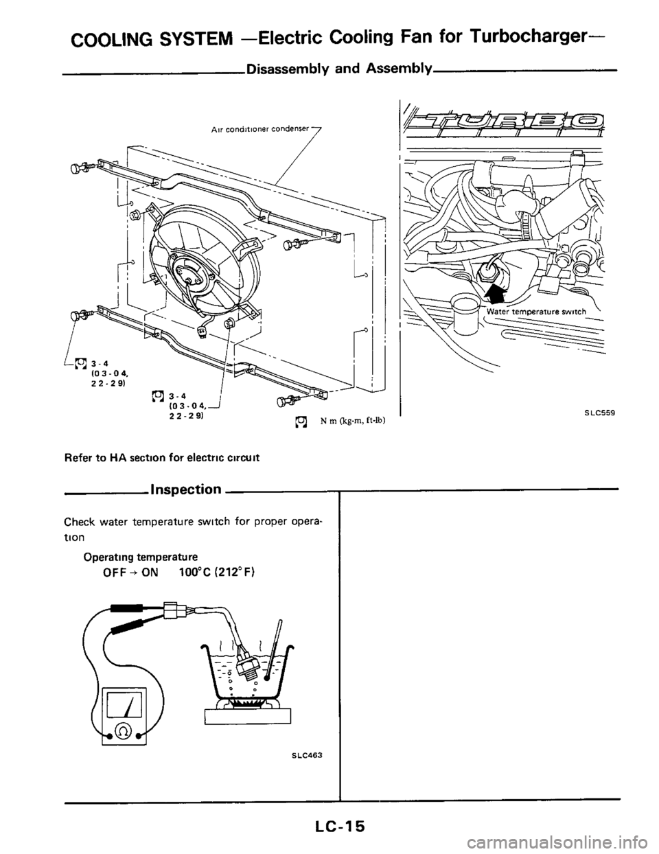 NISSAN 300ZX 1984 Z31 Engine Lubrication And Cooling System Workshop Manual COOLING SYSTEM -Electric Cooling Fan for Turbocharger- 
Disassembly  and Assembly 
7 AW condmoner  condenser 
Refer to HA section  for electric  circwt 
Inspection 
Check water  temperature  switch fo