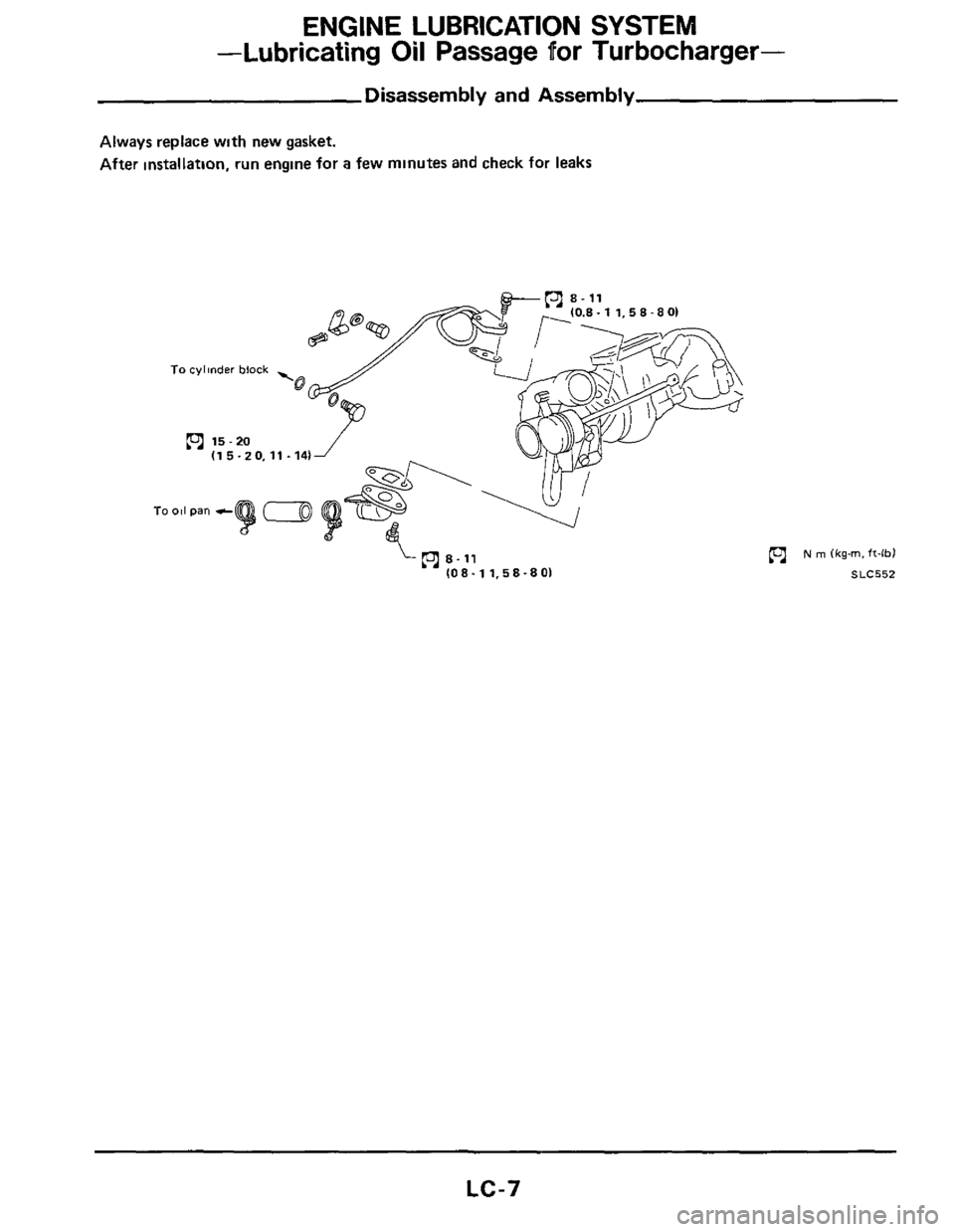NISSAN 300ZX 1984 Z31 Engine Lubrication And Cooling System Workshop Manual ENGINE LUBRICATION  SYSTEM 
-Lubricating 
Oil Passage  for  Turbocharger- 
Disassembly and Assembly 
Always replace with new gasket. 
After  installation, run  engine for 
a few minutes  and check  fo