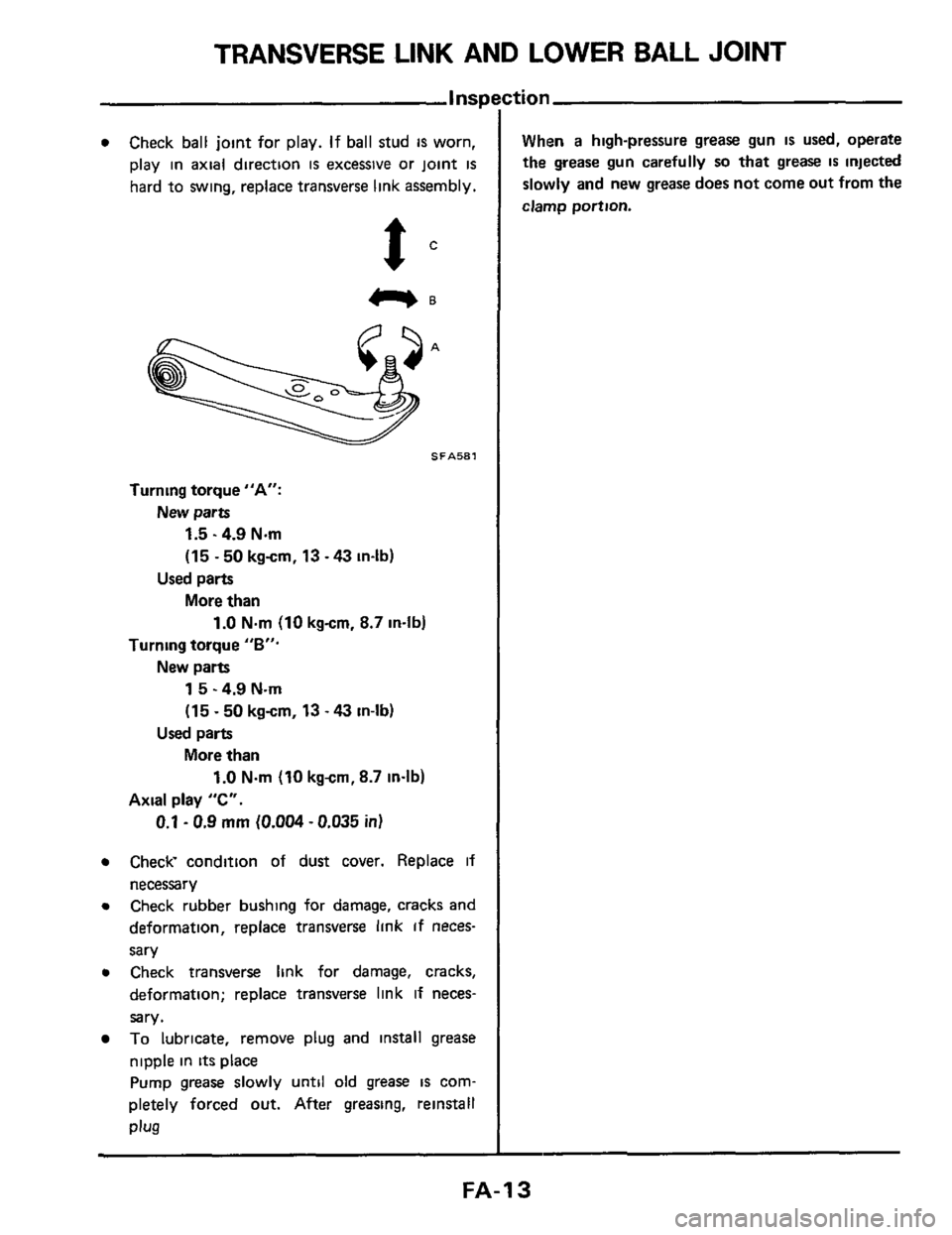 NISSAN 300ZX 1984 Z31 Front Suspension Workshop Manual TRANSVERSE LINK AND LOWER BALL JOINT
0 Check ball joint for play. If ball stud IS worn,
play in axial direction
is excessive or joint is
hard to swing, replace transverse link assembly. NISSAN 300ZX 1984 Z31 Front Suspension Workshop Manual TRANSVERSE LINK AND LOWER BALL JOINT
0 Check ball joint for play. If ball stud IS worn,
play in axial direction
is excessive or joint is
hard to swing, replace transverse link assembly.
