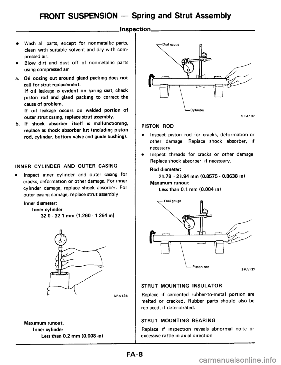 NISSAN 300ZX 1984 Z31 Front Suspension Workshop Manual FRONT SUSPENSION - Spring and Strut Assembly
I nspl
Wash all parts, except for nonmetallic parts,
clean with suitable solvent and dry with com-
pressed air.
a Blow dirt and dust off of nonm NISSAN 300ZX 1984 Z31 Front Suspension Workshop Manual FRONT SUSPENSION - Spring and Strut Assembly
I nspl
Wash all parts, except for nonmetallic parts,
clean with suitable solvent and dry with com-
pressed air.
a Blow dirt and dust off of nonm