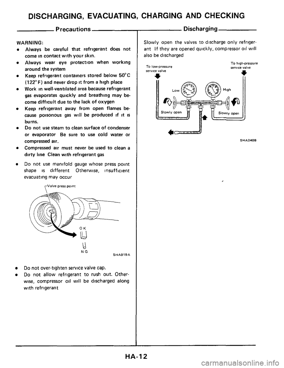 NISSAN 300ZX 1984 Z31 Heather And Air Conditioner Workshop Manual DISCHARGING, EVACUATING, CHARGING AND CHECKING
Precautions
WARNING:
Always be careful that refrigerant does not
come in contact with your skin.
Always wear
eye protection when working
ar NISSAN 300ZX 1984 Z31 Heather And Air Conditioner Workshop Manual DISCHARGING, EVACUATING, CHARGING AND CHECKING
Precautions
WARNING:
Always be careful that refrigerant does not
come in contact with your skin.
Always wear
eye protection when working
ar