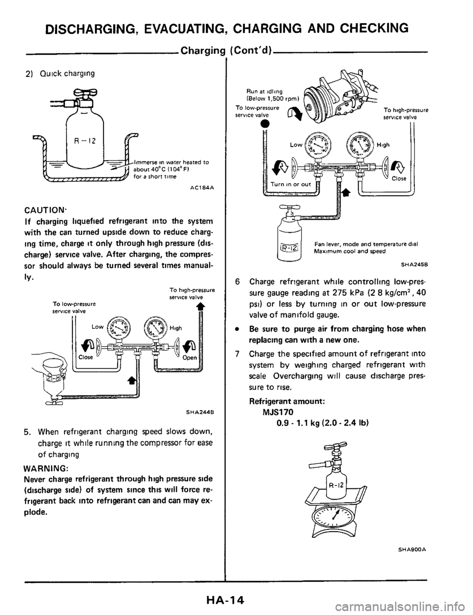 NISSAN 300ZX 1984 Z31 Heather And Air Conditioner Workshop Manual DISCHARGING, EVACUATING, CHARGING AND CHECKING
Chargin!
2) Quick charging
Immerse in water heated to about40*C 11W0FI for a Short time
AC184A
CAUTION.
If charging liquefied refrigerant into NISSAN 300ZX 1984 Z31 Heather And Air Conditioner Workshop Manual DISCHARGING, EVACUATING, CHARGING AND CHECKING
Chargin!
2) Quick charging
Immerse in water heated to about40*C 11W0FI for a Short time
AC184A
CAUTION.
If charging liquefied refrigerant into