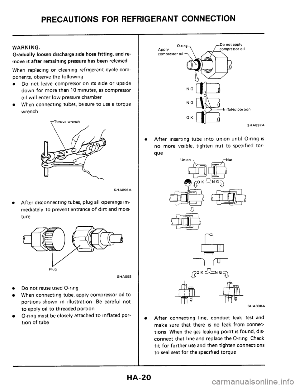 NISSAN 300ZX 1984 Z31 Heather And Air Conditioner Workshop Manual PRECAUTIONS FOR REFRIGERANT CONNECTION
WARNING.
Gradually loosen discharge side hose fitting, and re-
move
it after remaining pressure has been released
When replacing or cleaning refriger NISSAN 300ZX 1984 Z31 Heather And Air Conditioner Workshop Manual PRECAUTIONS FOR REFRIGERANT CONNECTION
WARNING.
Gradually loosen discharge side hose fitting, and re-
move
it after remaining pressure has been released
When replacing or cleaning refriger