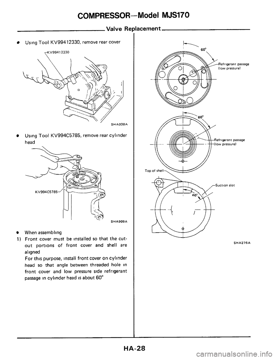 NISSAN 300ZX 1984 Z31 Heather And Air Conditioner Workshop Manual COMPRESSOR-Model MJS170 
Valve Re 
Using Tool KV99412330, remove rear cover 
yKV9941 2330 
SHAO38A 
Using Tool KV994C5785, remove rear cylinder 
head 
SHA909A 
When assembling 
1) Front  cover must be