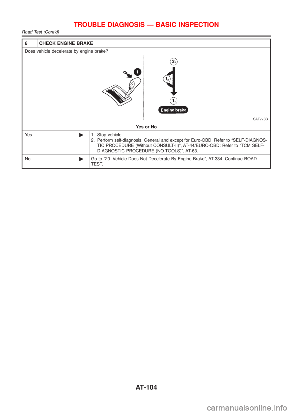 NISSAN ALMERA 2001  Service Manual 6 CHECK ENGINE BRAKE
Does vehicle decelerate by engine brake?
SAT778B
YesorNo
Ye s©1. Stop vehicle.
2. Perform self-diagnosis. General and except for Euro-OBD: Refer to ªSELF-DIAGNOS-
TIC PROCEDURE 