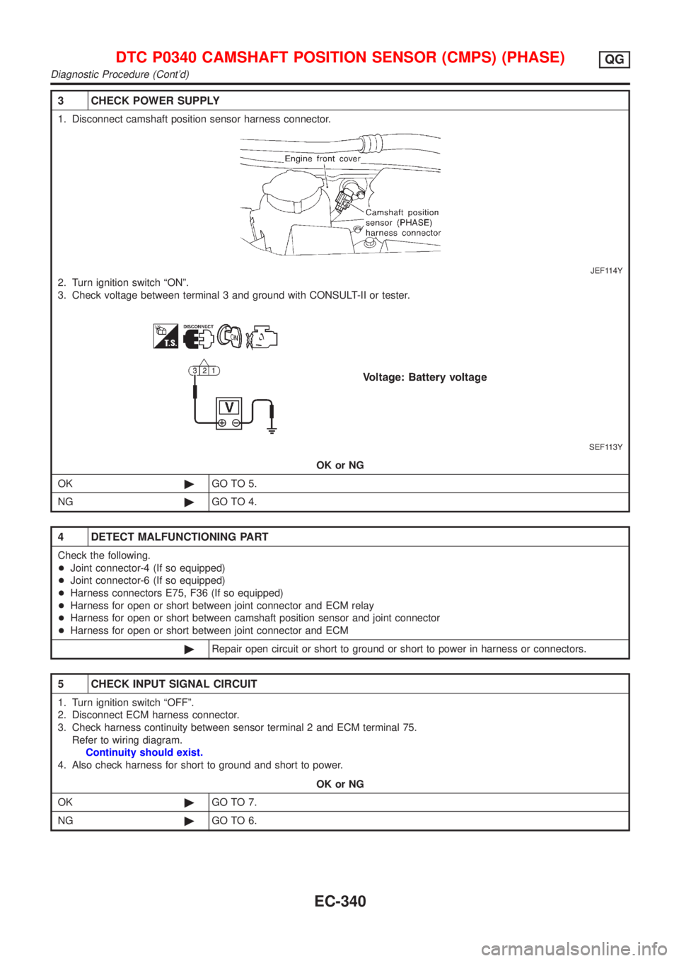 NISSAN ALMERA 2001 Service Manual 3 CHECK POWER SUPPLY
1. Disconnect camshaft position sensor harness connector.
JEF114Y
2. Turn ignition switch ªONº.
3. Check voltage between terminal 3 and ground with CONSULT-II or tester.
SEF113Y NISSAN ALMERA 2001 Service Manual 3 CHECK POWER SUPPLY
1. Disconnect camshaft position sensor harness connector.
JEF114Y
2. Turn ignition switch ªONº.
3. Check voltage between terminal 3 and ground with CONSULT-II or tester.
SEF113Y