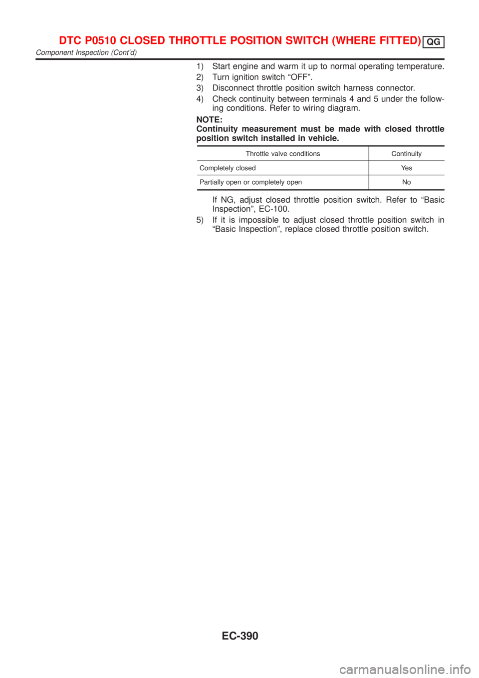 NISSAN ALMERA 2001  Service Manual 1) Start engine and warm it up to normal operating temperature.
2) Turn ignition switch ªOFFº.
3) Disconnect throttle position switch harness connector.
4) Check continuity between terminals 4 and 5