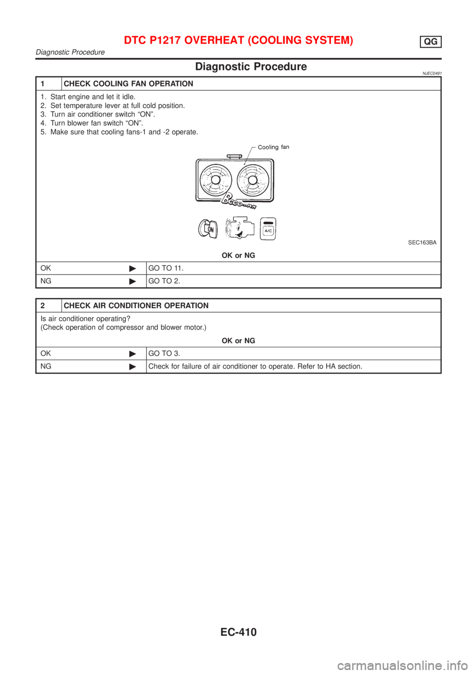 NISSAN ALMERA 2001  Service Manual Diagnostic ProcedureNJEC0491
1 CHECK COOLING FAN OPERATION
1. Start engine and let it idle.
2. Set temperature lever at full cold position.
3. Turn air conditioner switch ªONº.
4. Turn blower fan sw