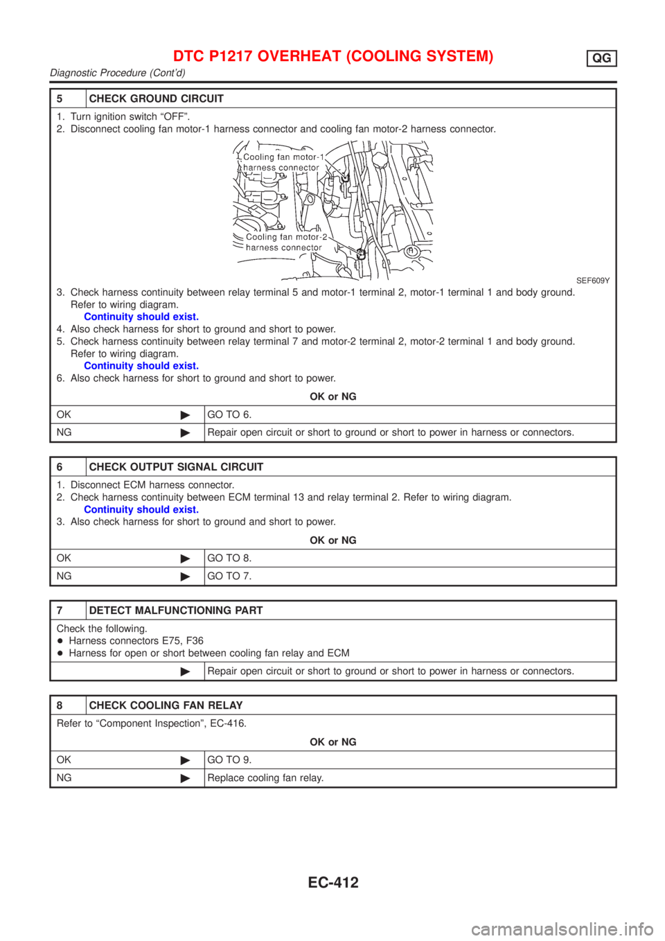 NISSAN ALMERA 2001  Service Manual 5 CHECK GROUND CIRCUIT
1. Turn ignition switch ªOFFº.
2. Disconnect cooling fan motor-1 harness connector and cooling fan motor-2 harness connector.
SEF609Y
3. Check harness continuity between relay