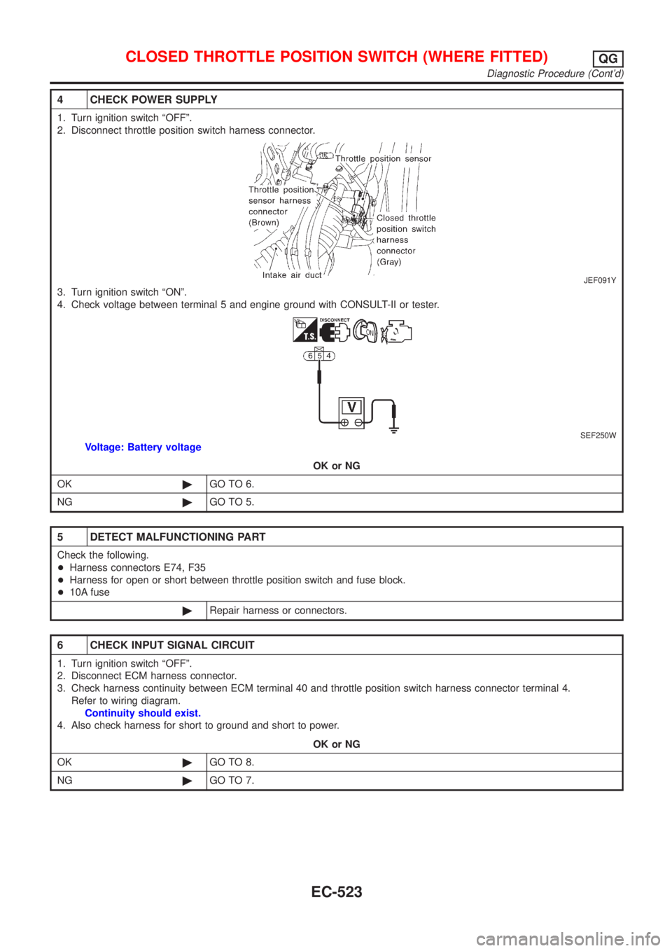 NISSAN ALMERA 2001  Service Manual 4 CHECK POWER SUPPLY
1. Turn ignition switch ªOFFº.
2. Disconnect throttle position switch harness connector.
JEF091Y
3. Turn ignition switch ªONº.
4. Check voltage between terminal 5 and engine g