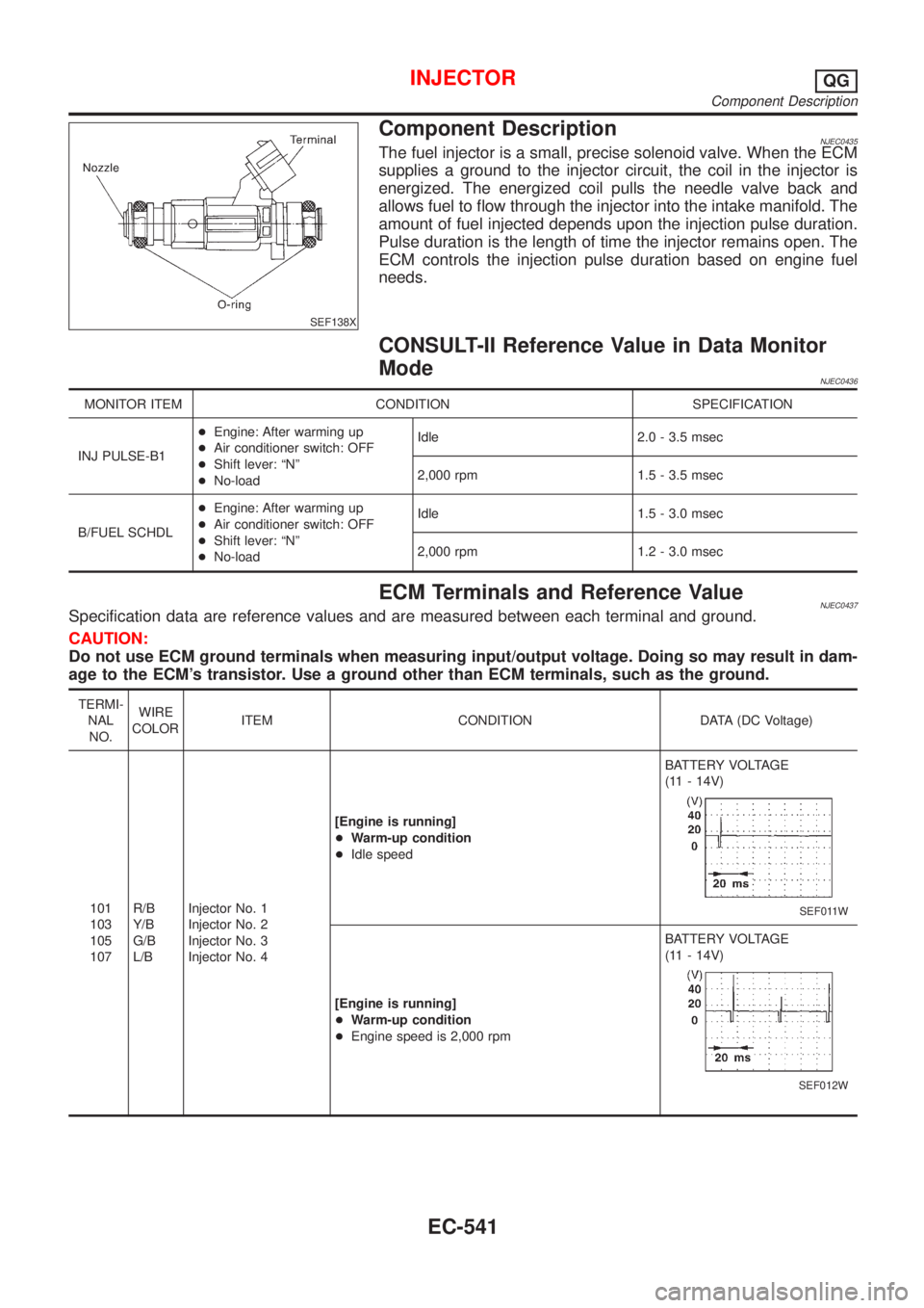 NISSAN ALMERA 2001  Service Manual SEF138X
Component DescriptionNJEC0435The fuel injector is a small, precise solenoid valve. When the ECM
supplies a ground to the injector circuit, the coil in the injector is
energized. The energized 