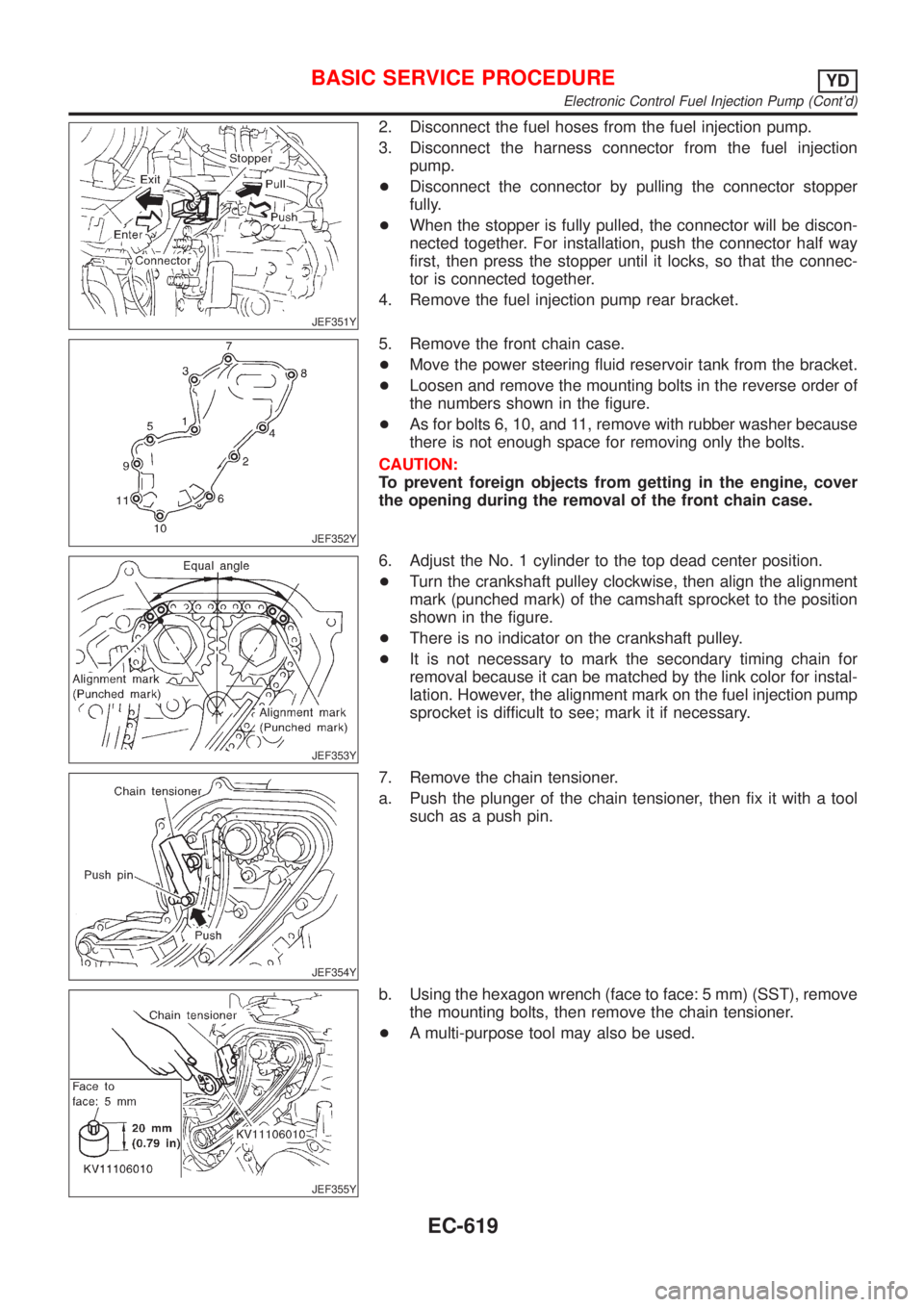 NISSAN ALMERA 2001 Service Manual JEF351Y
2. Disconnect the fuel hoses from the fuel injection pump.
3. Disconnect the harness connector from the fuel injection
pump.
+Disconnect the connector by pulling the connector stopper
fully.
+ NISSAN ALMERA 2001 Service Manual JEF351Y
2. Disconnect the fuel hoses from the fuel injection pump.
3. Disconnect the harness connector from the fuel injection
pump.
+Disconnect the connector by pulling the connector stopper
fully.
+