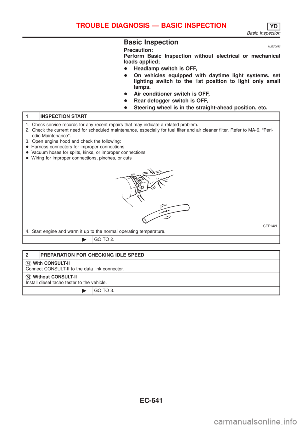 NISSAN ALMERA 2001 Service Manual Basic InspectionNJEC0632Precaution:
Perform Basic Inspection without electrical or mechanical
loads applied;
+Headlamp switch is OFF,
+On vehicles equipped with daytime light systems, set
lighting swi NISSAN ALMERA 2001 Service Manual Basic InspectionNJEC0632Precaution:
Perform Basic Inspection without electrical or mechanical
loads applied;
+Headlamp switch is OFF,
+On vehicles equipped with daytime light systems, set
lighting swi
