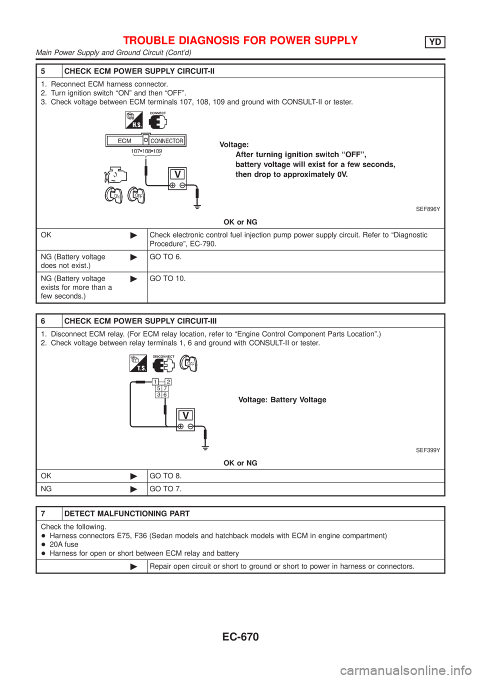 NISSAN ALMERA 2001  Service Manual 5 CHECK ECM POWER SUPPLY CIRCUIT-II
1. Reconnect ECM harness connector.
2. Turn ignition switch ªONº and then ªOFFº.
3. Check voltage between ECM terminals 107, 108, 109 and ground with CONSULT-II