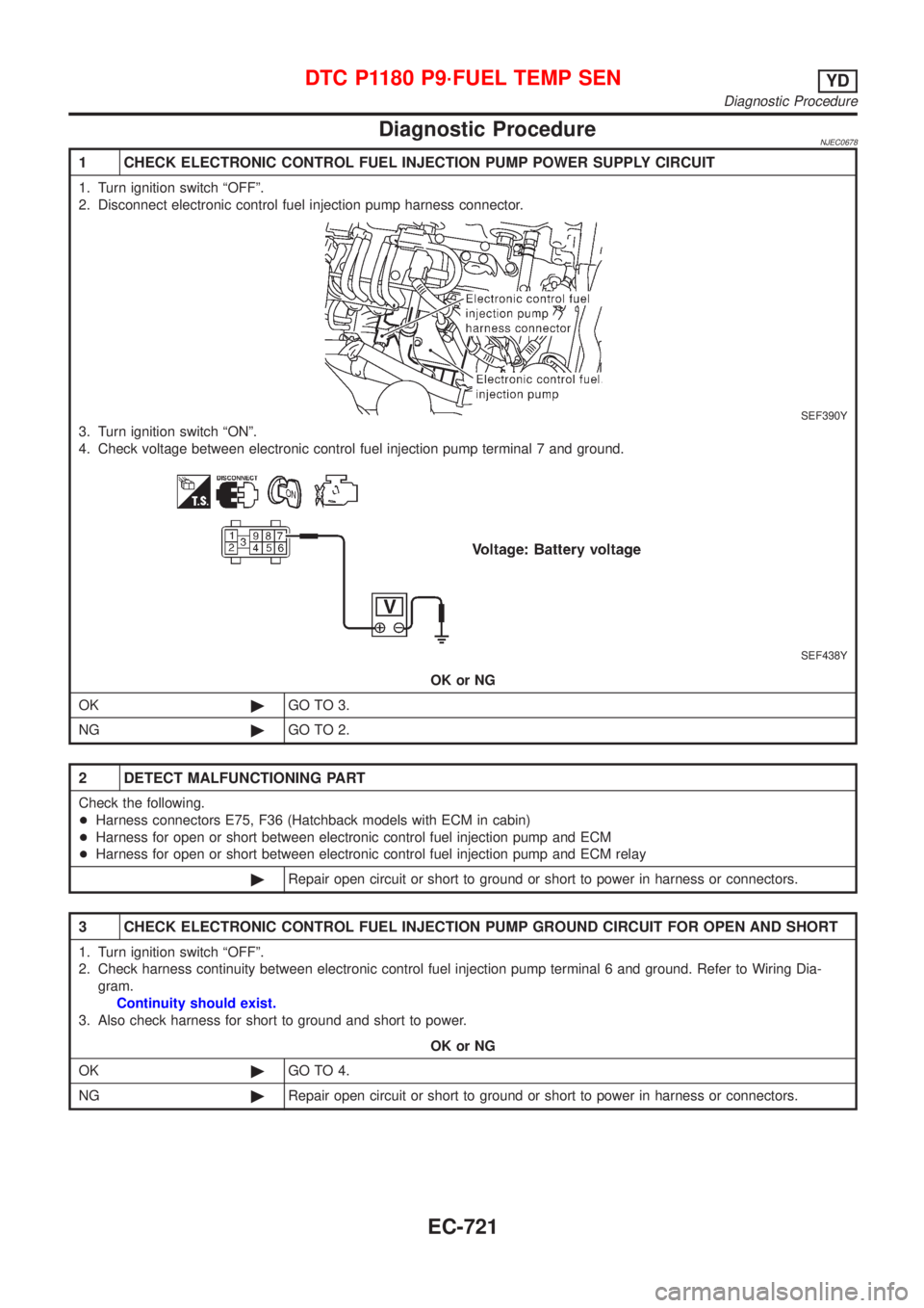 NISSAN ALMERA 2001 Service Manual Diagnostic ProcedureNJEC0678
1 CHECK ELECTRONIC CONTROL FUEL INJECTION PUMP POWER SUPPLY CIRCUIT
1. Turn ignition switch ªOFFº.
2. Disconnect electronic control fuel injection pump harness connector NISSAN ALMERA 2001 Service Manual Diagnostic ProcedureNJEC0678
1 CHECK ELECTRONIC CONTROL FUEL INJECTION PUMP POWER SUPPLY CIRCUIT
1. Turn ignition switch ªOFFº.
2. Disconnect electronic control fuel injection pump harness connector