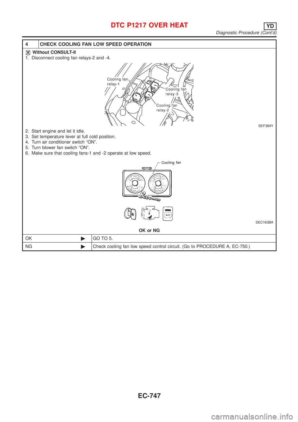 NISSAN ALMERA 2001  Service Manual 4 CHECK COOLING FAN LOW SPEED OPERATION
Without CONSULT-II
1. Disconnect cooling fan relays-2 and -4.
SEF384Y
2. Start engine and let it idle.
3. Set temperature lever at full cold position.
4. Turn a