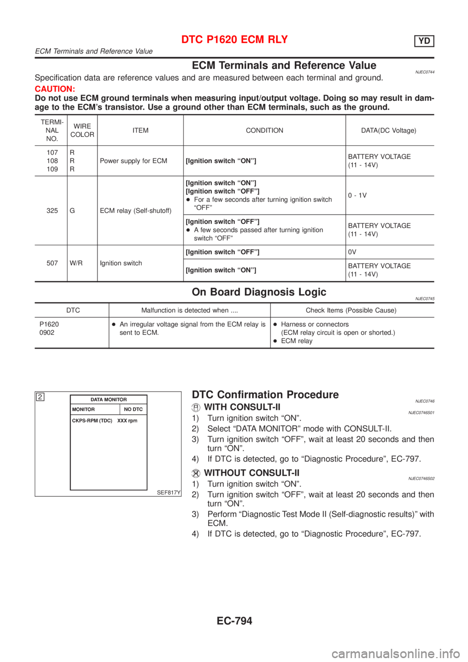 NISSAN ALMERA 2001 Service Manual ECM Terminals and Reference ValueNJEC0744Specification data are reference values and are measured between each terminal and ground.
CAUTION:
Do not use ECM ground terminals when measuring input/output NISSAN ALMERA 2001 Service Manual ECM Terminals and Reference ValueNJEC0744Specification data are reference values and are measured between each terminal and ground.
CAUTION:
Do not use ECM ground terminals when measuring input/output