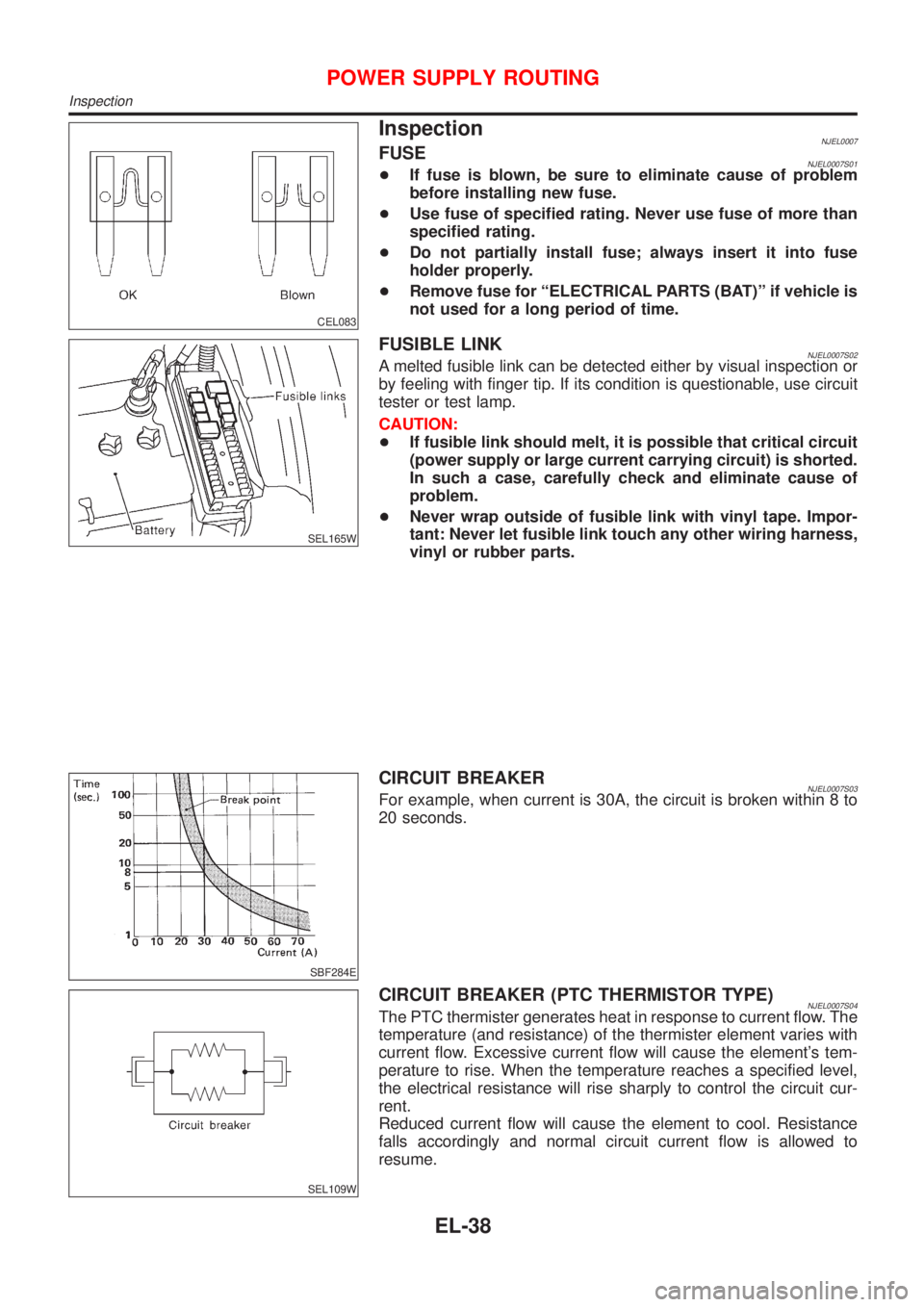 NISSAN ALMERA 2001 Service Manual CEL083
InspectionNJEL0007FUSENJEL0007S01+If fuse is blown, be sure to eliminate cause of problem
before installing new fuse.
+Use fuse of specified rating. Never use fuse of more than
specified rating NISSAN ALMERA 2001 Service Manual CEL083
InspectionNJEL0007FUSENJEL0007S01+If fuse is blown, be sure to eliminate cause of problem
before installing new fuse.
+Use fuse of specified rating. Never use fuse of more than
specified rating