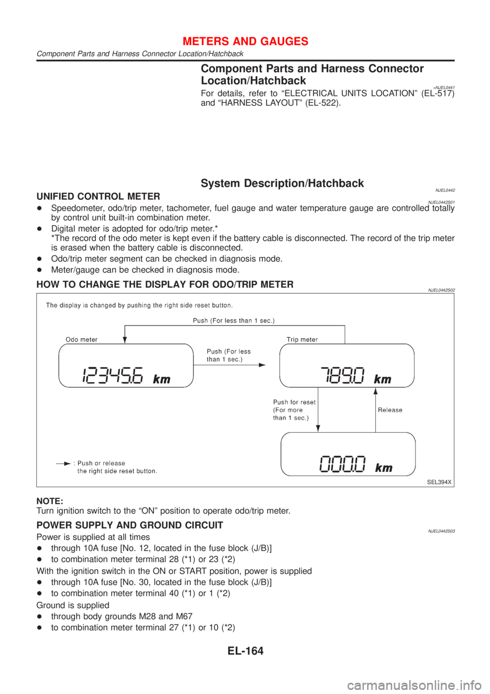 NISSAN ALMERA 2001  Service Manual Component Parts and Harness Connector
Location/Hatchback
=NJEL0441For details, refer to ªELECTRICAL UNITS LOCATIONº (EL-517)
and ªHARNESS LAYOUTº (EL-522).
System Description/HatchbackNJEL0442UNIF