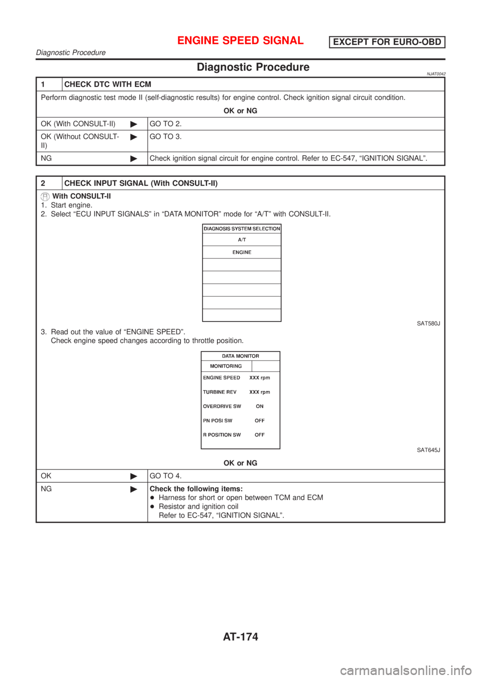 NISSAN ALMERA 2001  Service Manual Diagnostic ProcedureNJAT0042
1 CHECK DTC WITH ECM
Perform diagnostic test mode II (self-diagnostic results) for engine control. Check ignition signal circuit condition.
OK or NG
OK (With CONSULT-II)©