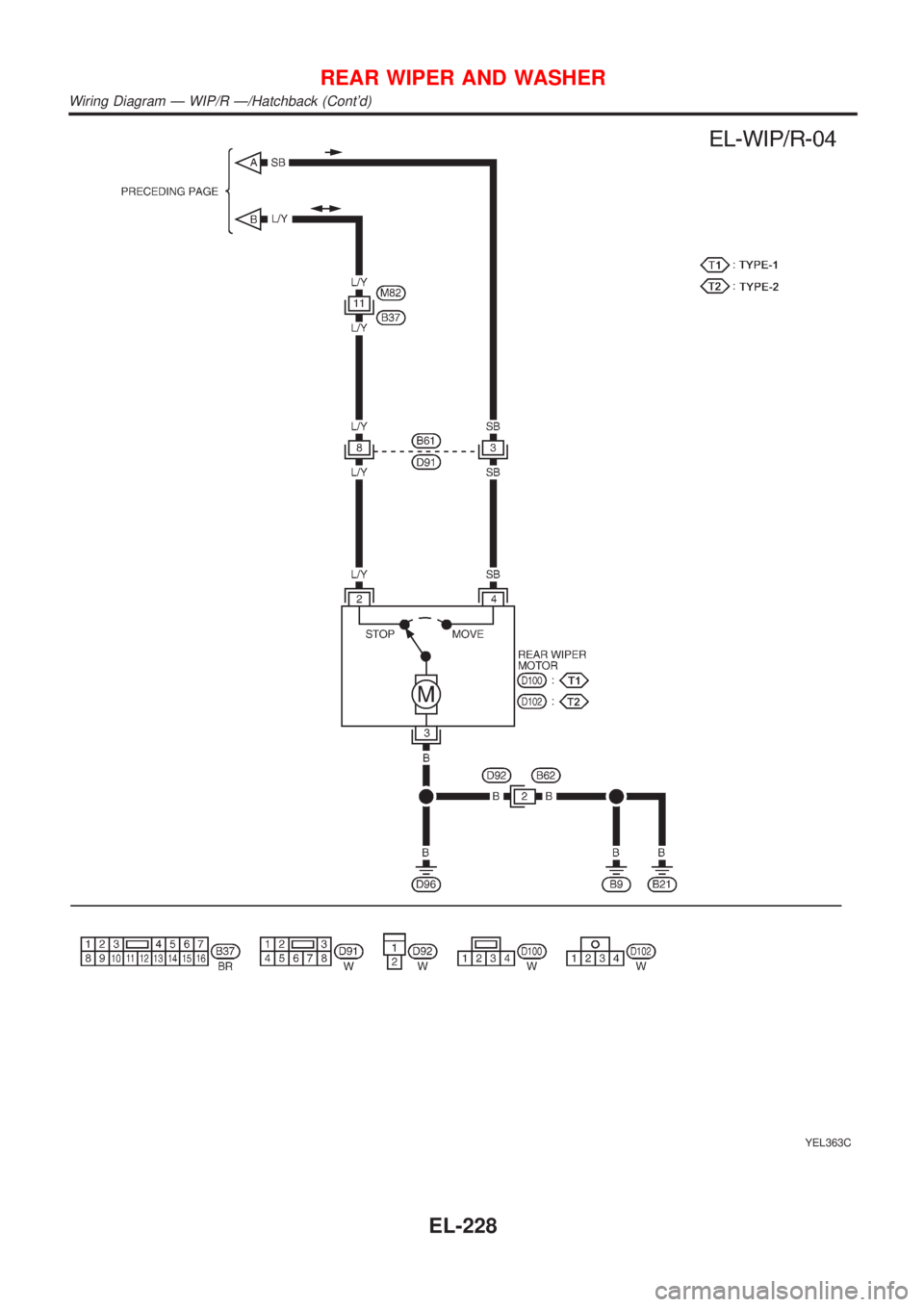 NISSAN ALMERA 2001  Service Manual YEL363C
REAR WIPER AND WASHER
Wiring Diagram Ð WIP/R Ð/Hatchback (Contd)
EL-228 