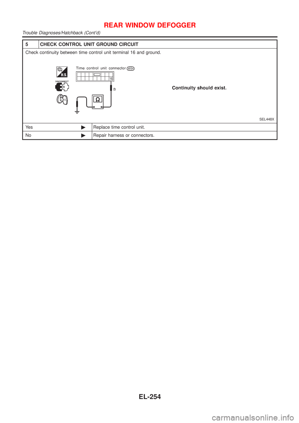NISSAN ALMERA 2001  Service Manual 5 CHECK CONTROL UNIT GROUND CIRCUIT
Check continuity between time control unit terminal 16 and ground.
SEL448X
Ye s©Replace time control unit.
No©Repair harness or connectors.
REAR WINDOW DEFOGGER
T