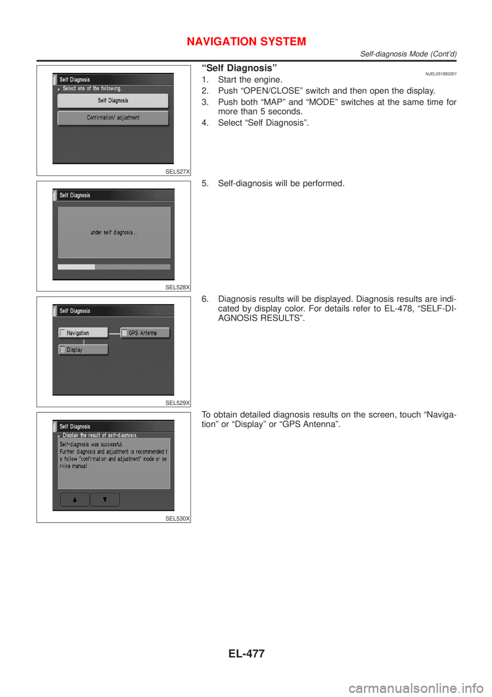 NISSAN ALMERA 2001  Service Manual SEL527X
ªSelf DiagnosisºNJEL0519S02011. Start the engine.
2. Push ªOPEN/CLOSEº switch and then open the display.
3. Push both ªMAPº and ªMODEº switches at the same time for
more than 5 seconds