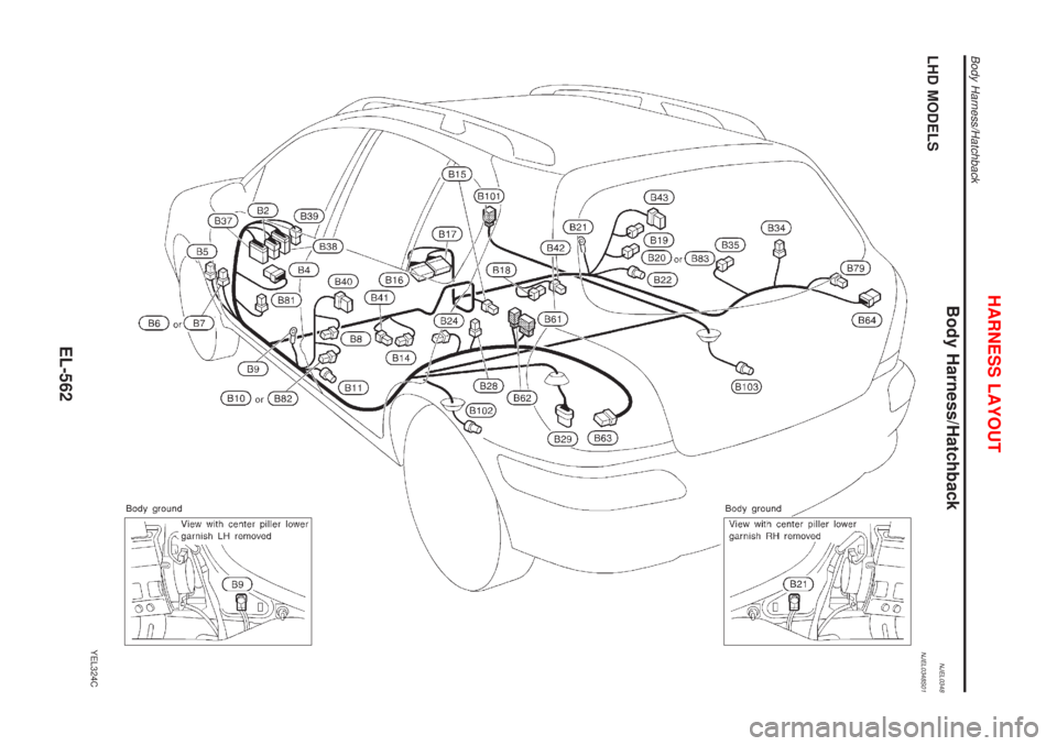NISSAN ALMERA 2001  Service Manual Body Harness/HatchbackNJEL0348LHD MODELSNJEL0348S01
YEL324C
HARNESS LAYOUT
Body Harness/Hatchback
EL-562 