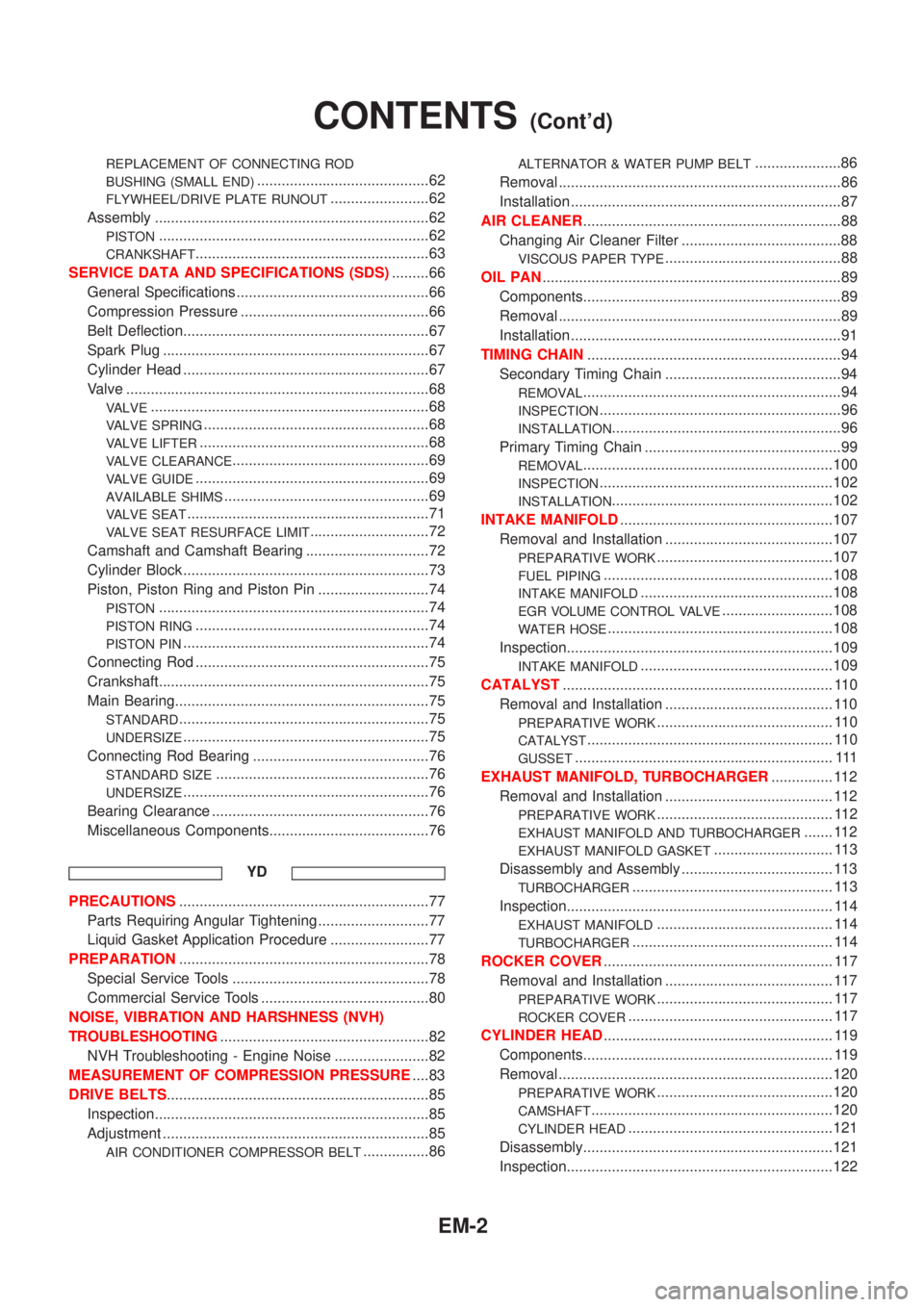 NISSAN ALMERA 2001  Service Manual REPLACEMENT OF CONNECTING ROD
BUSHING (SMALL END)
..........................................62
FLYWHEEL/DRIVE PLATE RUNOUT........................62
Assembly ..........................................