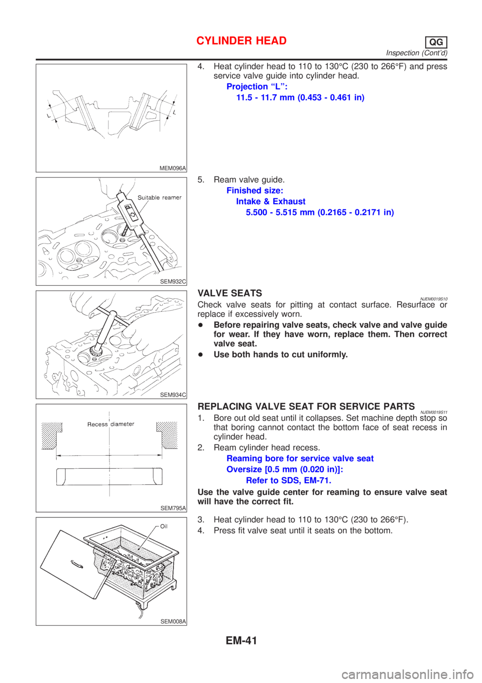 NISSAN ALMERA 2001 Service Manual MEM096A
4. Heat cylinder head to 110 to 130ÉC (230 to 266ÉF) and press
service valve guide into cylinder head.
Projection ªLº:
11.5 - 11.7 mm (0.453 - 0.461 in)
SEM932C
5. Ream valve guide.
Finish NISSAN ALMERA 2001 Service Manual MEM096A
4. Heat cylinder head to 110 to 130ÉC (230 to 266ÉF) and press
service valve guide into cylinder head.
Projection ªLº:
11.5 - 11.7 mm (0.453 - 0.461 in)
SEM932C
5. Ream valve guide.
Finish