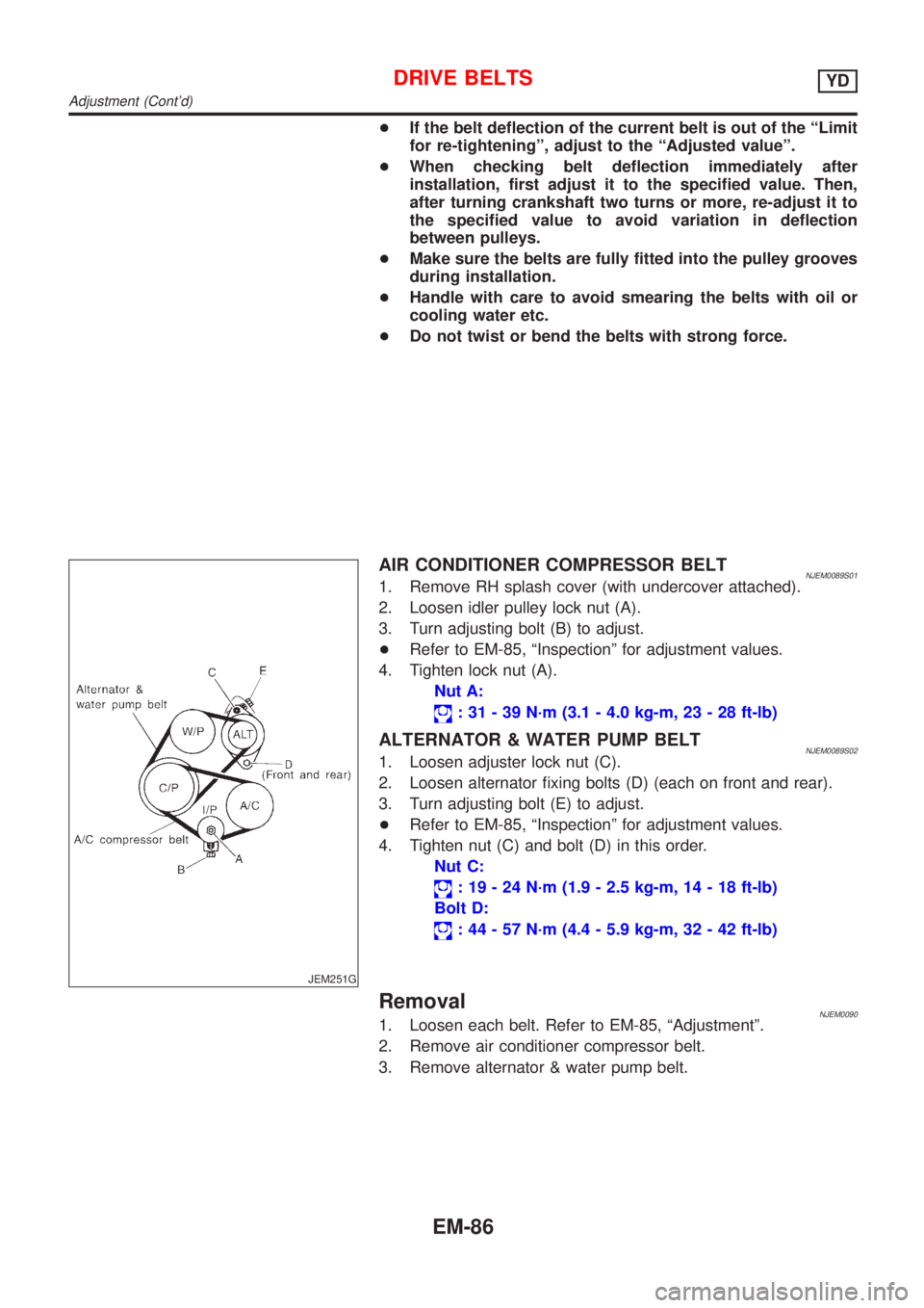 NISSAN ALMERA 2001  Service Manual +If the belt deflection of the current belt is out of the ªLimit
for re-tighteningº, adjust to the ªAdjusted valueº.
+When checking belt deflection immediately after
installation, first adjust it 
