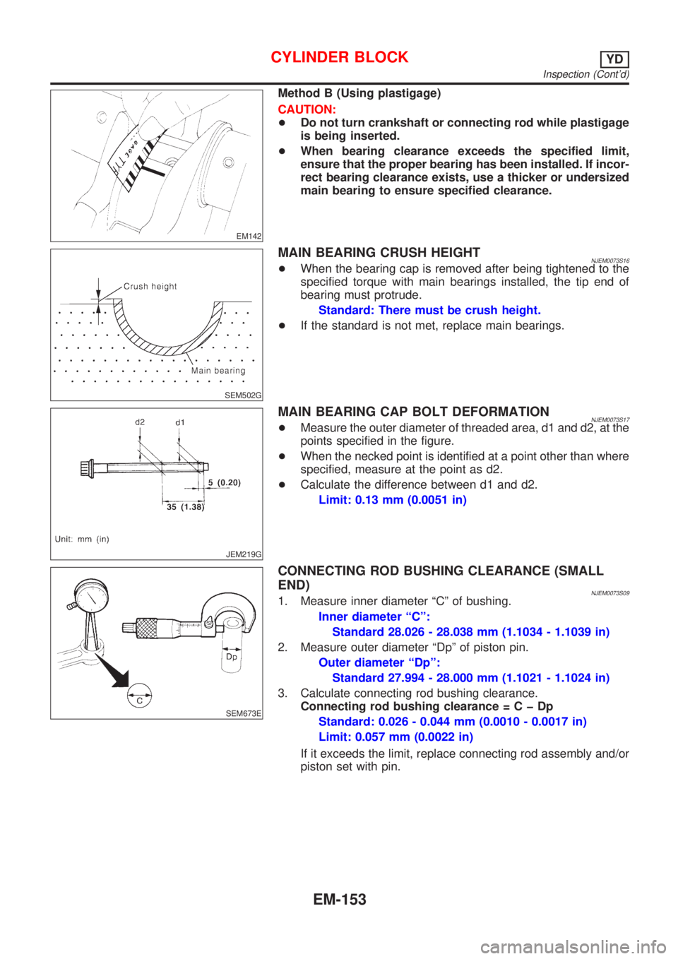NISSAN ALMERA 2001 Service Manual EM142
Method B (Using plastigage)
CAUTION:
+Do not turn crankshaft or connecting rod while plastigage
is being inserted.
+When bearing clearance exceeds the specified limit,
ensure that the proper bea NISSAN ALMERA 2001 Service Manual EM142
Method B (Using plastigage)
CAUTION:
+Do not turn crankshaft or connecting rod while plastigage
is being inserted.
+When bearing clearance exceeds the specified limit,
ensure that the proper bea