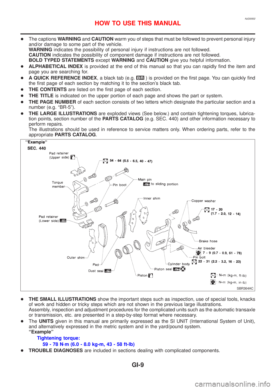 NISSAN ALMERA 2001 Service Manual NJGI0002
+The captionsWARNINGandCAUTIONwarm you of steps that must be followed to prevent personal injury
and/or damage to some part of the vehicle.
WARNINGindicates the possibility of personal injury NISSAN ALMERA 2001 Service Manual NJGI0002
+The captionsWARNINGandCAUTIONwarm you of steps that must be followed to prevent personal injury
and/or damage to some part of the vehicle.
WARNINGindicates the possibility of personal injury