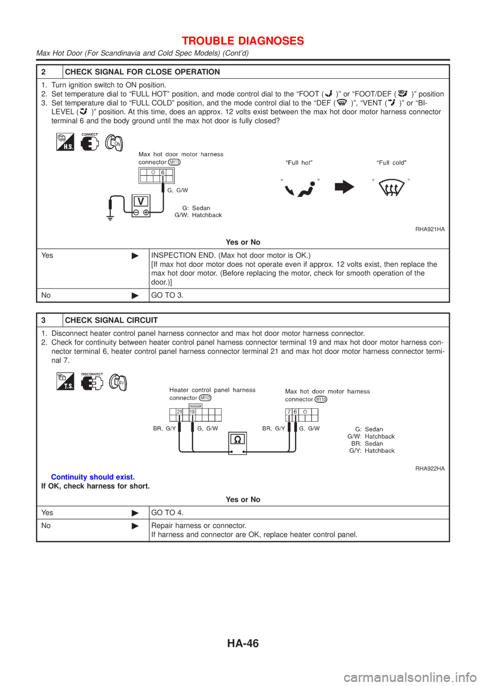 NISSAN ALMERA 2001 Service Manual 2 CHECK SIGNAL FOR CLOSE OPERATION
1. Turn ignition switch to ON position.
2. Set temperature dial to ªFULL HOTº position, and mode control dial to the ªFOOT (
)º or ªFOOT/DEF ()º position
3. Se NISSAN ALMERA 2001 Service Manual 2 CHECK SIGNAL FOR CLOSE OPERATION
1. Turn ignition switch to ON position.
2. Set temperature dial to ªFULL HOTº position, and mode control dial to the ªFOOT (
)º or ªFOOT/DEF ()º position
3. Se