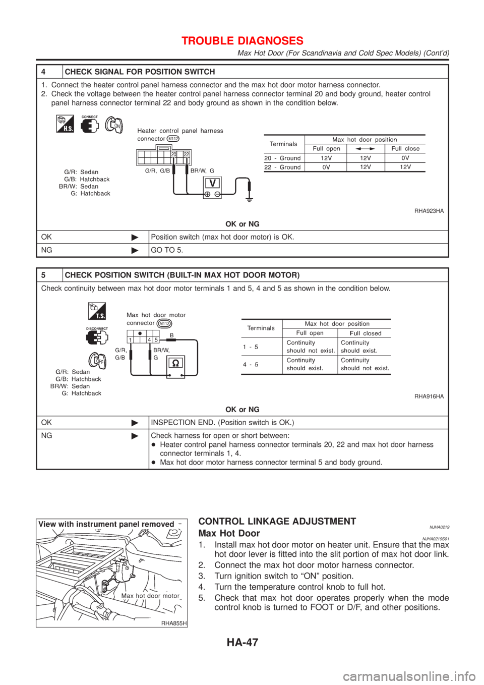NISSAN ALMERA 2001 Service Manual 4 CHECK SIGNAL FOR POSITION SWITCH
1. Connect the heater control panel harness connector and the max hot door motor harness connector.
2. Check the voltage between the heater control panel harness con NISSAN ALMERA 2001 Service Manual 4 CHECK SIGNAL FOR POSITION SWITCH
1. Connect the heater control panel harness connector and the max hot door motor harness connector.
2. Check the voltage between the heater control panel harness con