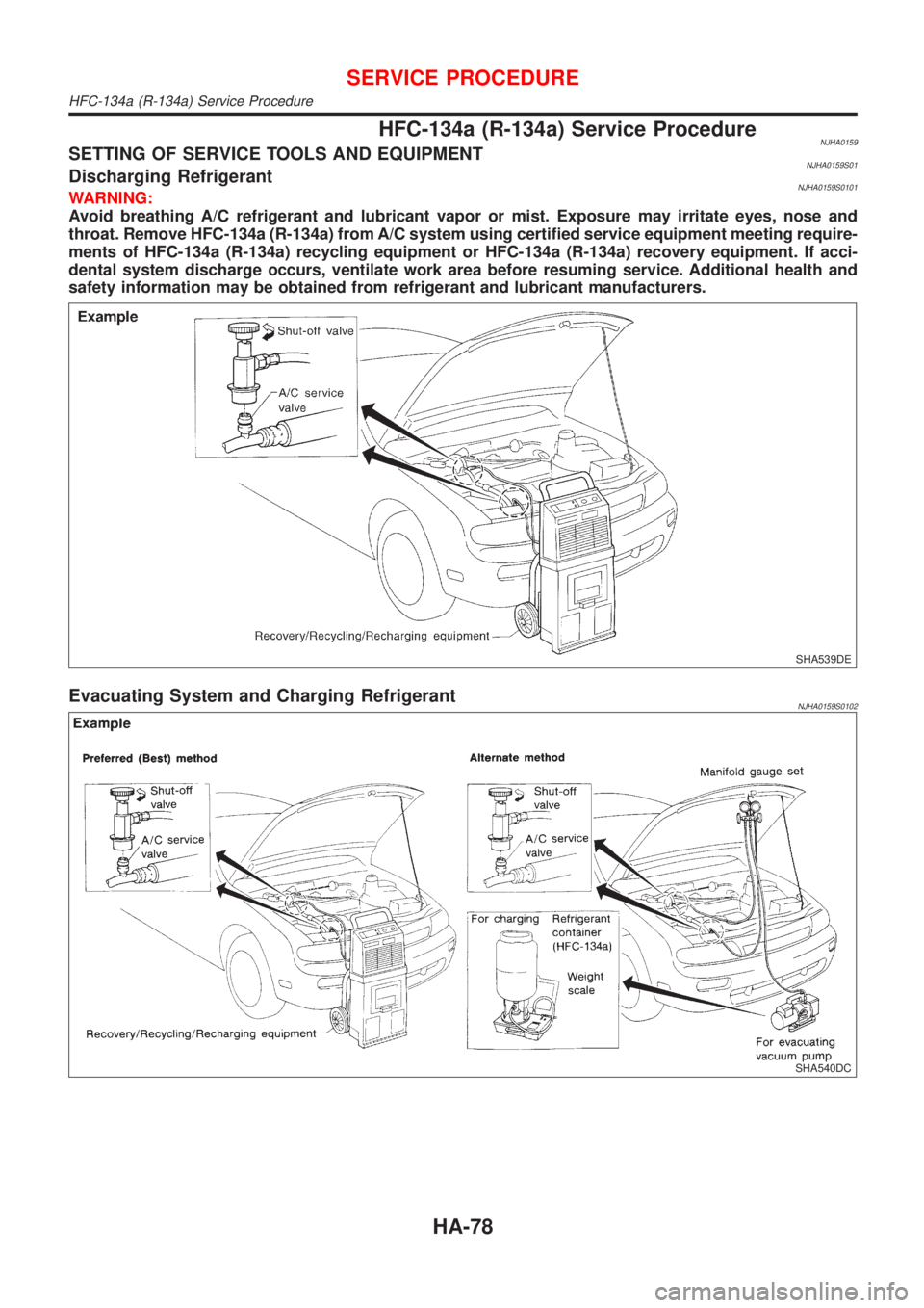 NISSAN ALMERA 2001  Service Manual HFC-134a (R-134a) Service ProcedureNJHA0159SETTING OF SERVICE TOOLS AND EQUIPMENTNJHA0159S01Discharging RefrigerantNJHA0159S0101WARNING:
Avoid breathing A/C refrigerant and lubricant vapor or mist. Ex