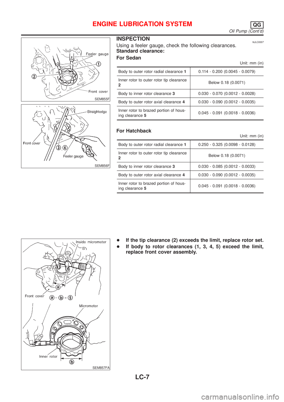 NISSAN ALMERA 2001  Service Manual SEM855F
SEM856F
INSPECTIONNJLC0007Using a feeler gauge, check the following clearances.
Standard clearance:
For Sedan
Unit: mm (in)
Body to outer rotor radial clearance10.114 - 0.200 (0.0045 - 0.0079)