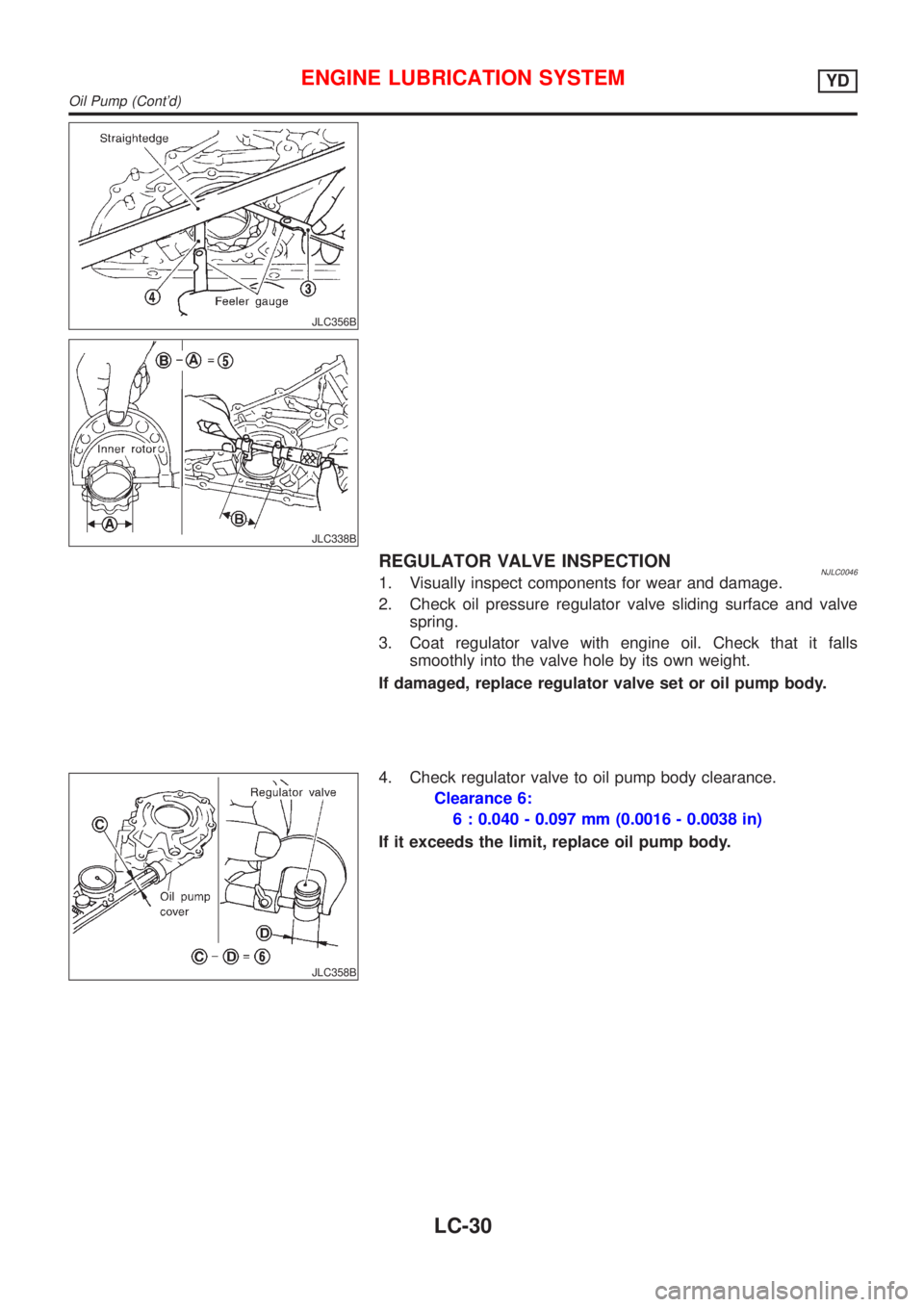 NISSAN ALMERA 2001  Service Manual JLC356B
JLC338B
REGULATOR VALVE INSPECTIONNJLC00461. Visually inspect components for wear and damage.
2. Check oil pressure regulator valve sliding surface and valve
spring.
3. Coat regulator valve wi