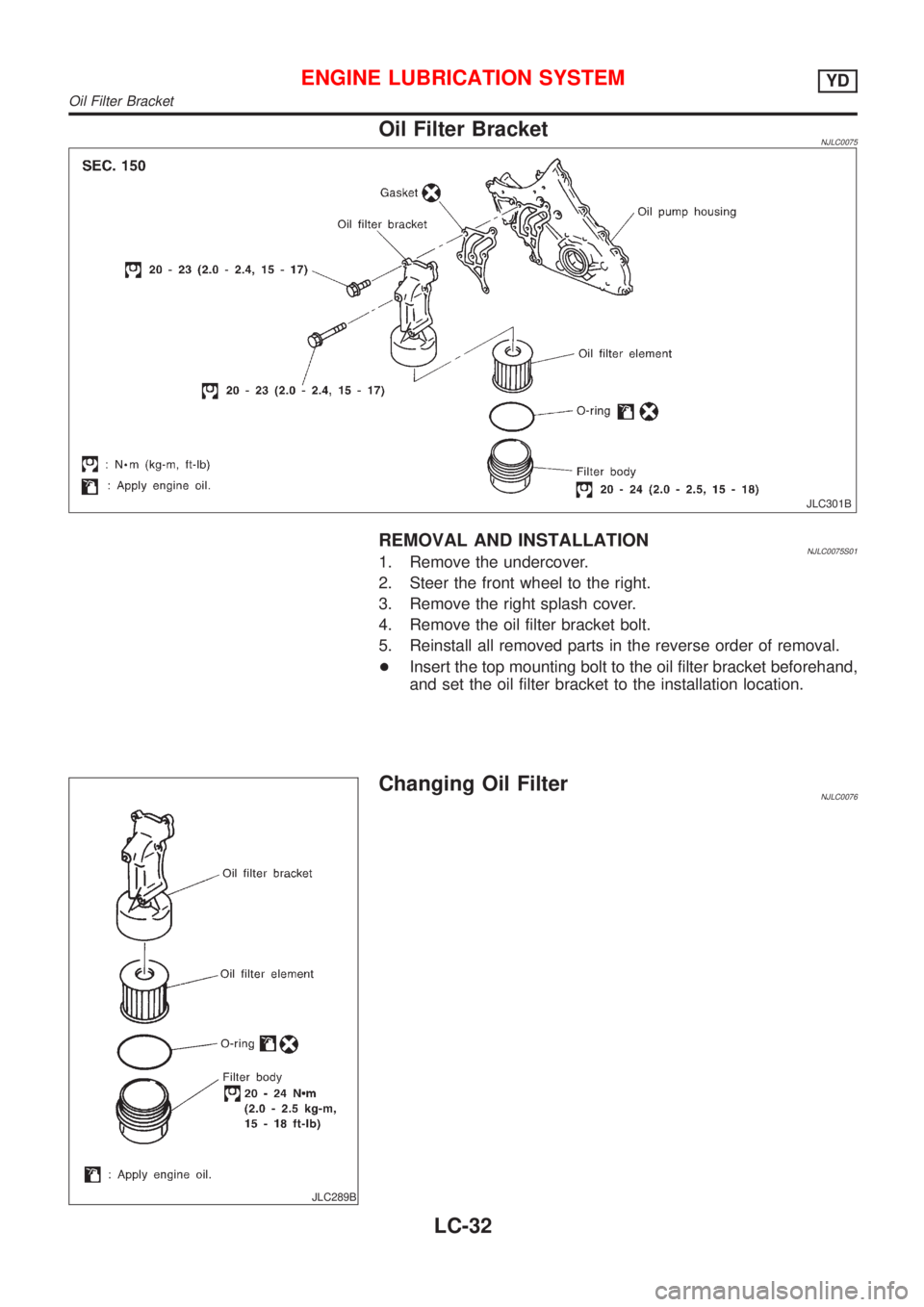NISSAN ALMERA 2001  Service Manual Oil Filter BracketNJLC0075
JLC301B
REMOVAL AND INSTALLATIONNJLC0075S011. Remove the undercover.
2. Steer the front wheel to the right.
3. Remove the right splash cover.
4. Remove the oil filter bracke
