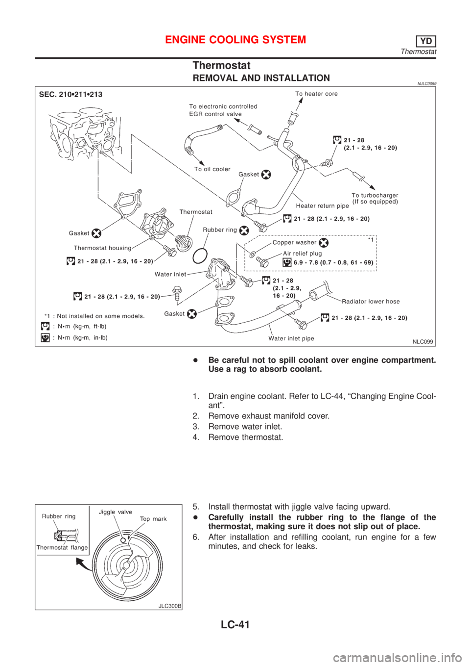 NISSAN ALMERA 2001  Service Manual Thermostat
REMOVAL AND INSTALLATIONNJLC0059
NLC099
+Be careful not to spill coolant over engine compartment.
Use a rag to absorb coolant.
1. Drain engine coolant. Refer to LC-44, ªChanging Engine Coo