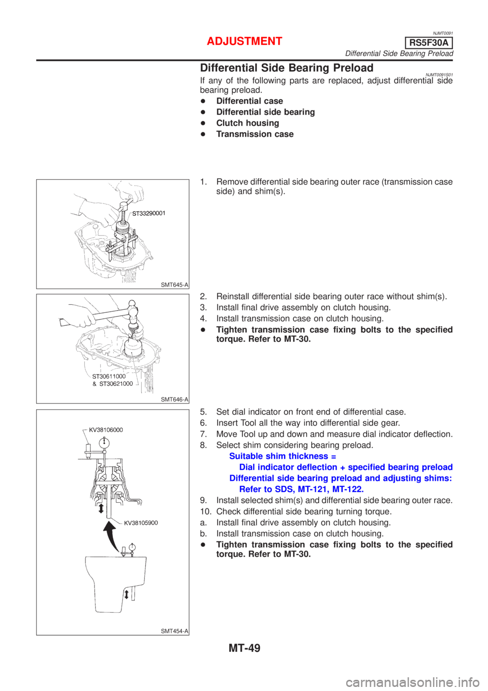 NISSAN ALMERA 2001  Service Manual NJMT0091
Differential Side Bearing PreloadNJMT0091S01If any of the following parts are replaced, adjust differential side
bearing preload.
+Differential case
+Differential side bearing
+Clutch housing
